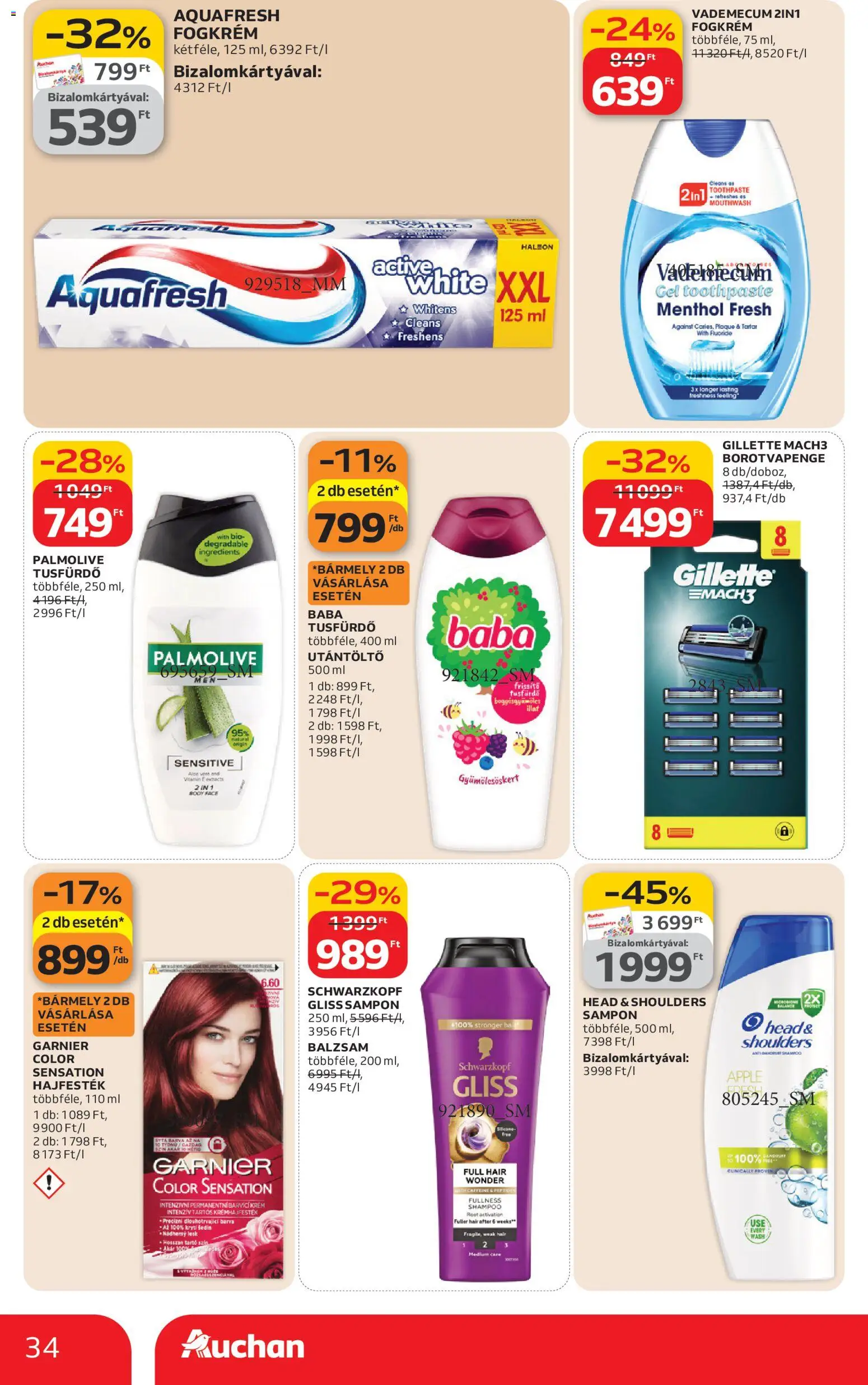 Auchan akciós ujság - amely érvényes a következő dátumtól: 19.02.2026 | Oldal: 34 | Termékek: Hajfesték, Sampon, Tusfürdő, Fogkrém