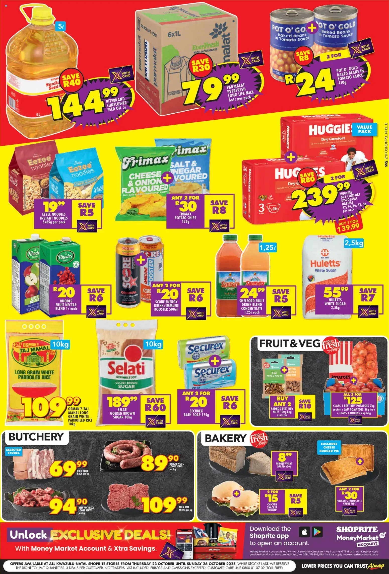 New Shoprite catalogue – valid from 23.10.2025 | Page: 2 | Products: Beans, Noodles, Sugar, Nappies