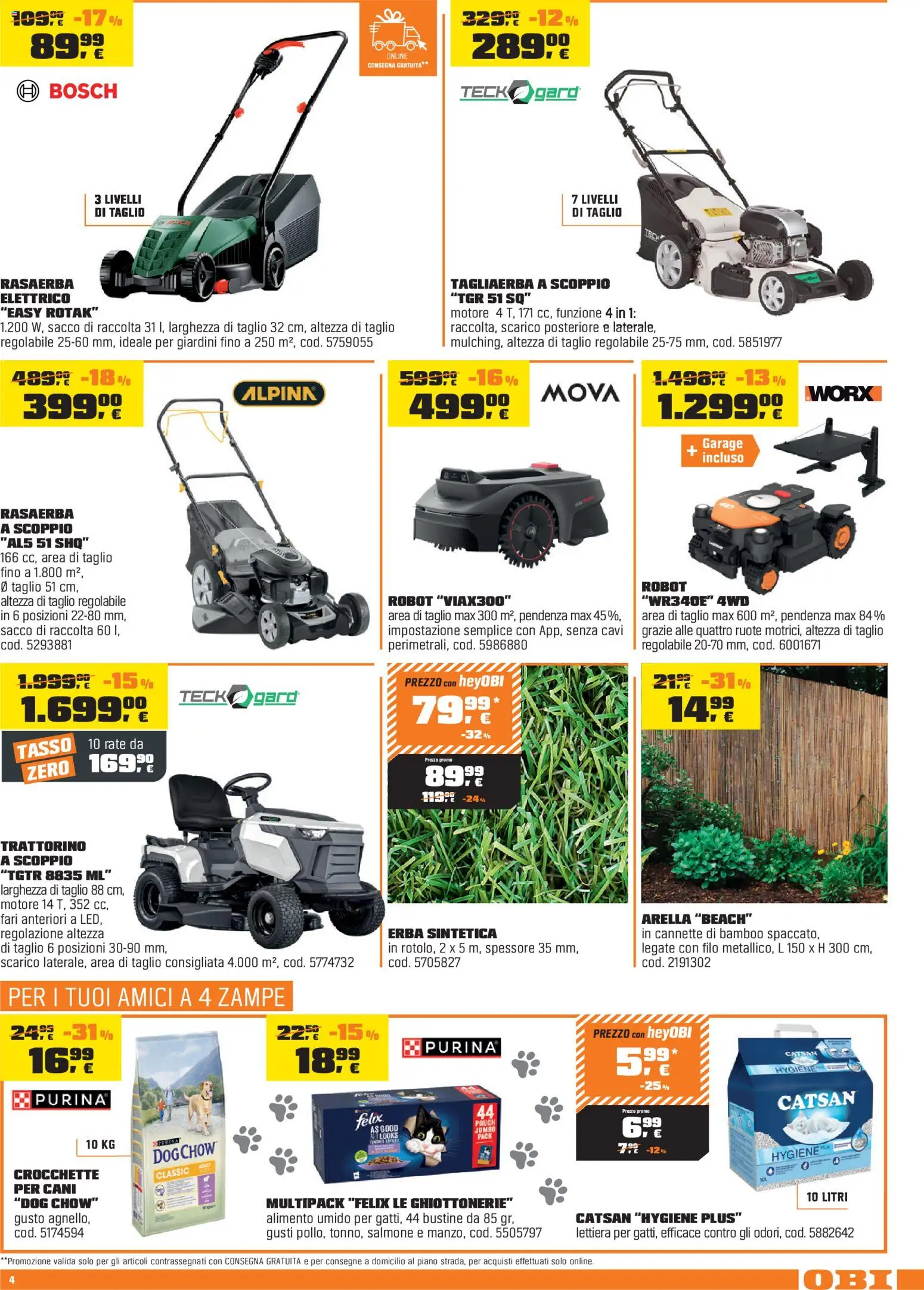 Volantino OBI del 02.04.2026 | Pagina: 4 | Prodotti: Salmone, Crocchette, Rasaerba, Robot