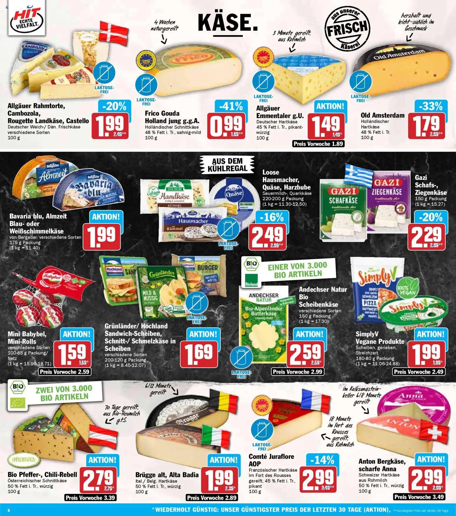 HIT Baden-Württemberg – gültig ab 29.12.2025 | Seite: 8 | Produkte: Ziegenkäse, Burger, Grunlander, Pizza