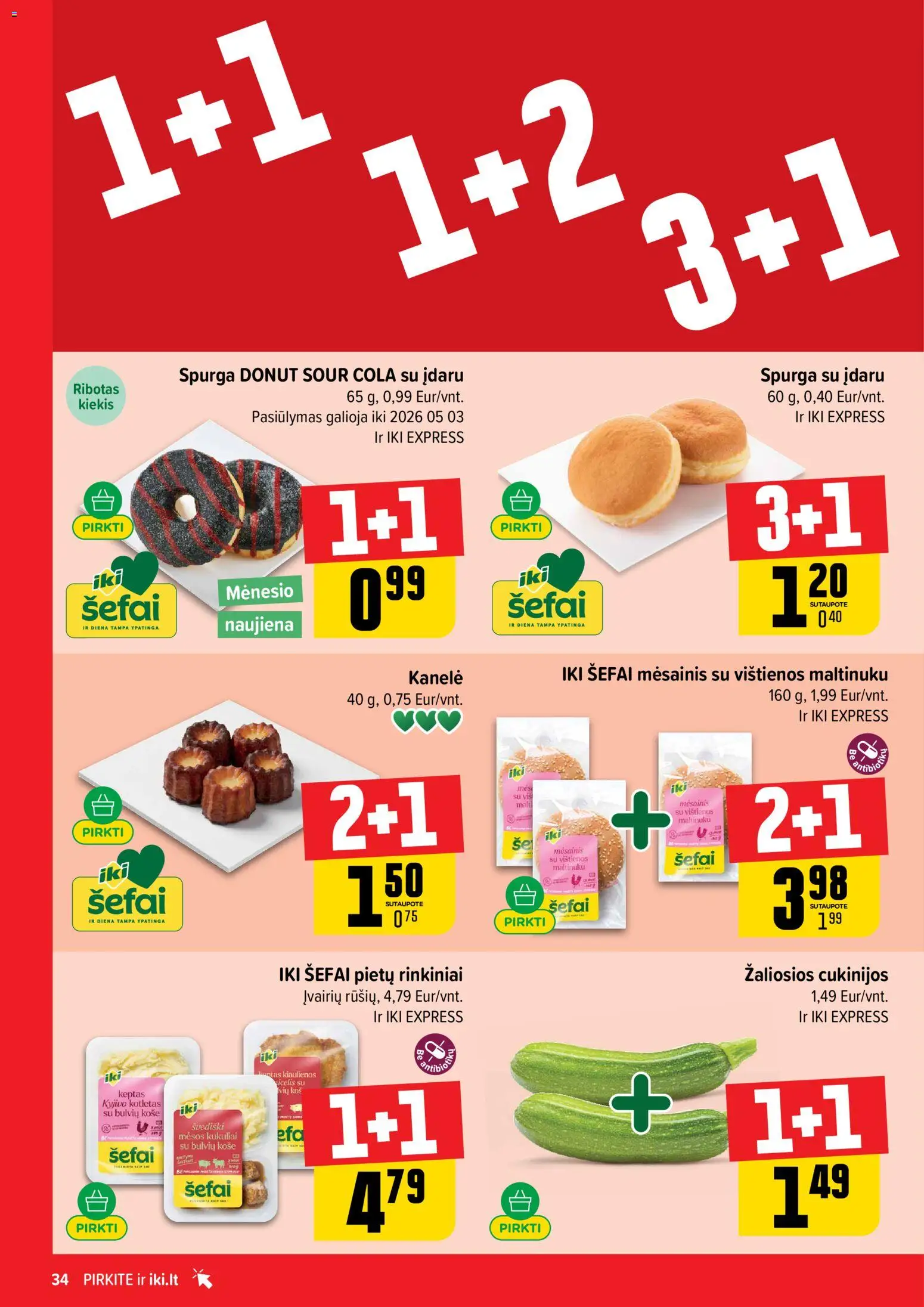 IKI akcijos nuo 27.04.2026 | Puslapis: 34 | Prekių: Košė, Vištienos, Kiaulienos, Spurga