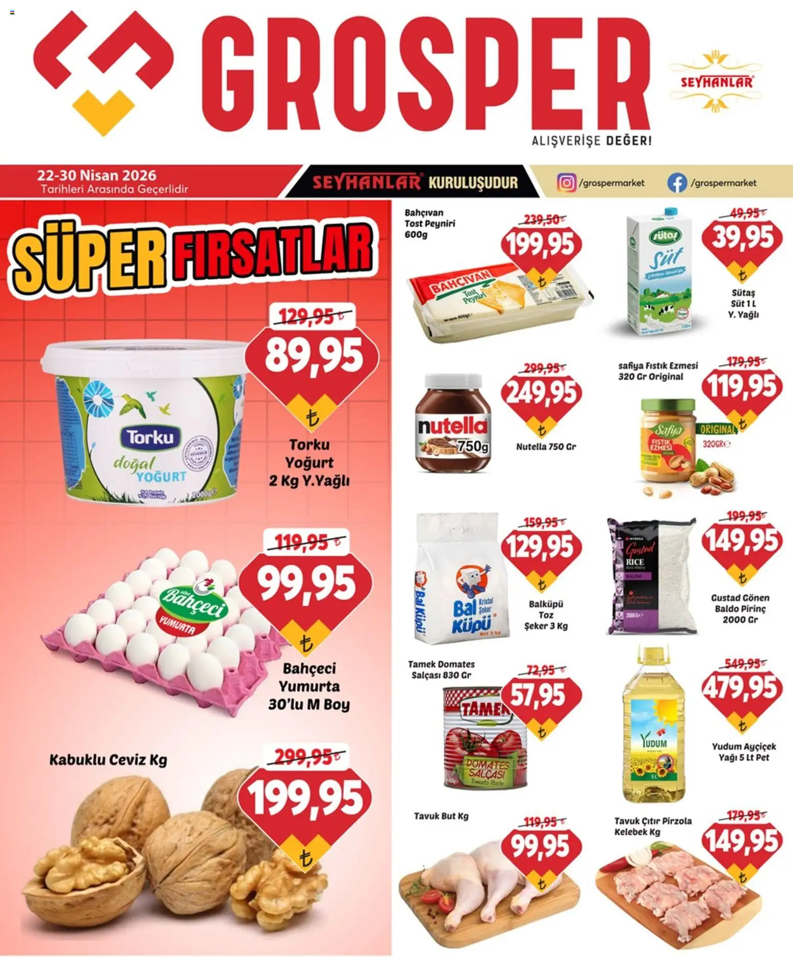 Grosper Katalog - 22.04.2026 tarihinden itibaren geçerlidir | Sayfa: 1 | Ürünler: Süt, Şeker, Pirzola, Ceviz
