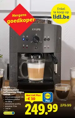 KRUPS Volautomatische koffiemachine Arabica EA810B, Volautomatische koffiemachine Arabica EA810B with 1.8 l water reservoir, 260 g coffee bean container, automatic rinsing, 15 bar pump pressure, and 1.450 W power. - Voorbeeld van een folder van Lidl, geldig van 14.01.2026 | Pagina: 12 | Producten: Koffiemachine