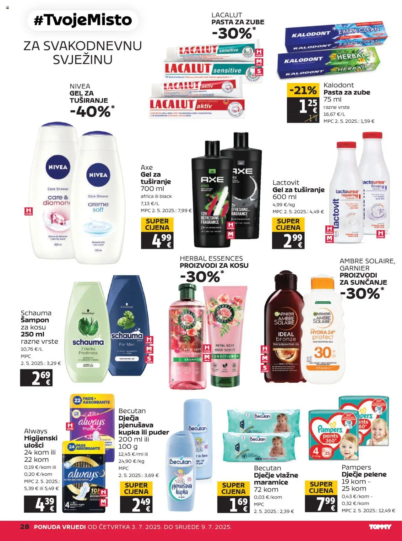 Tommy katalog | vrijedi od 03.07.2025 | Stranica: 28 | Proizvodi: Kupka, Pasta za zube, Nivea, Pampers