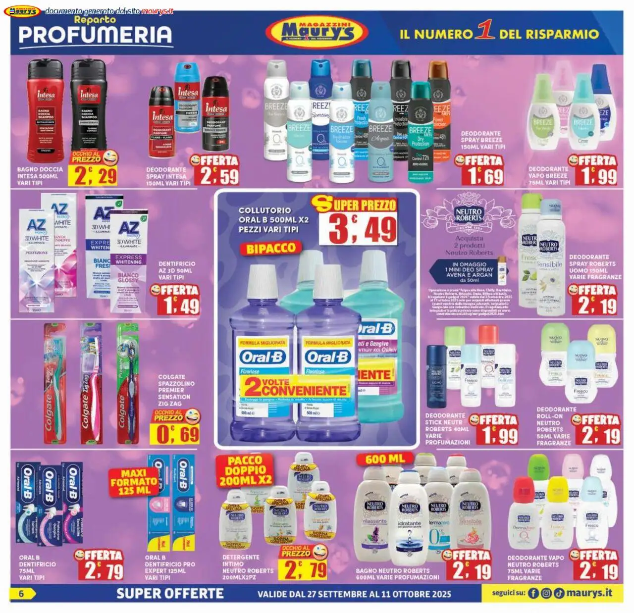 Volantino Maury's del 27.09.2025 | Pagina: 6 | Prodotti: Deodorante, Spazzolino, Bagno, Doccia