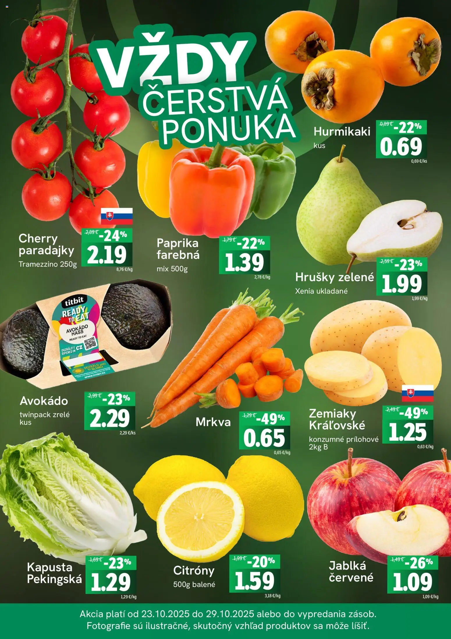 Nové Fresh akcie – leták je platný od 23.10.2025 | Strana: 3 | Produkty: Paprika, Paradajky, Mrkva, Zemiaky