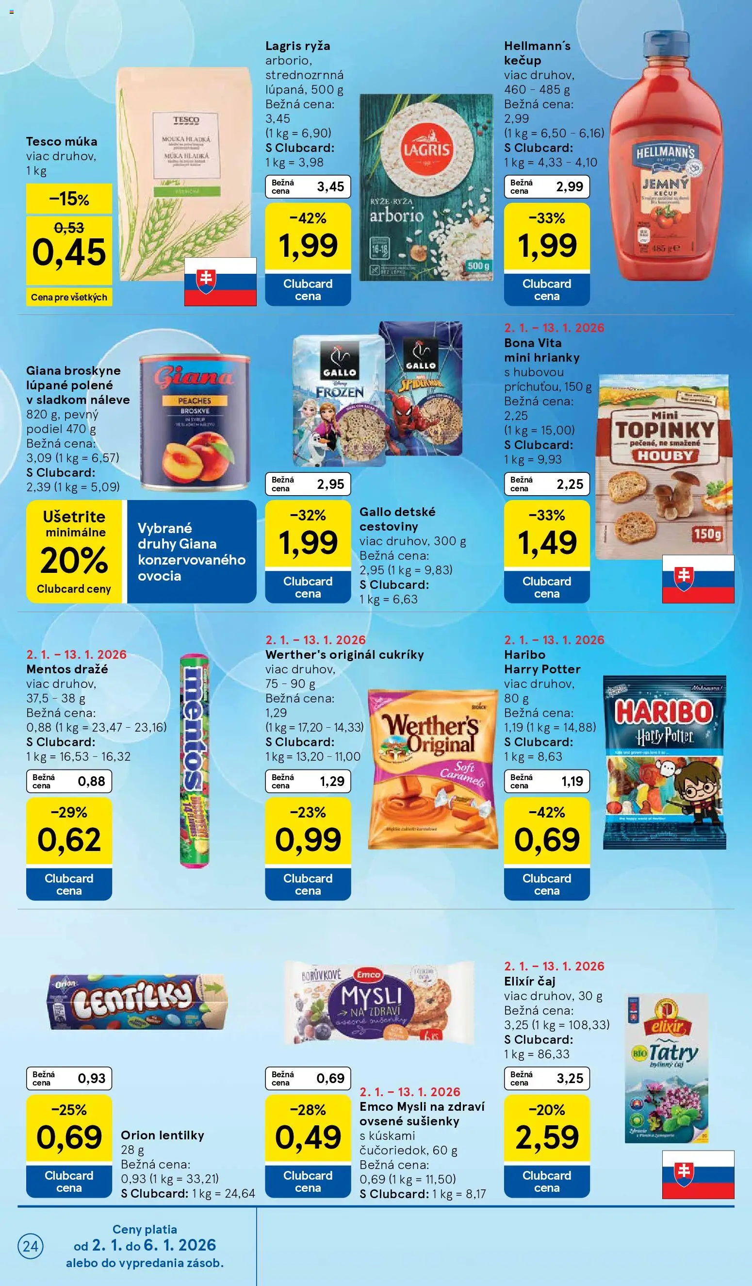 Nové Tesco akcie – leták je platný od 02.01.2026 | Strana: 24 | Produkty: Čaj, Cestoviny, Múka, Broskyne