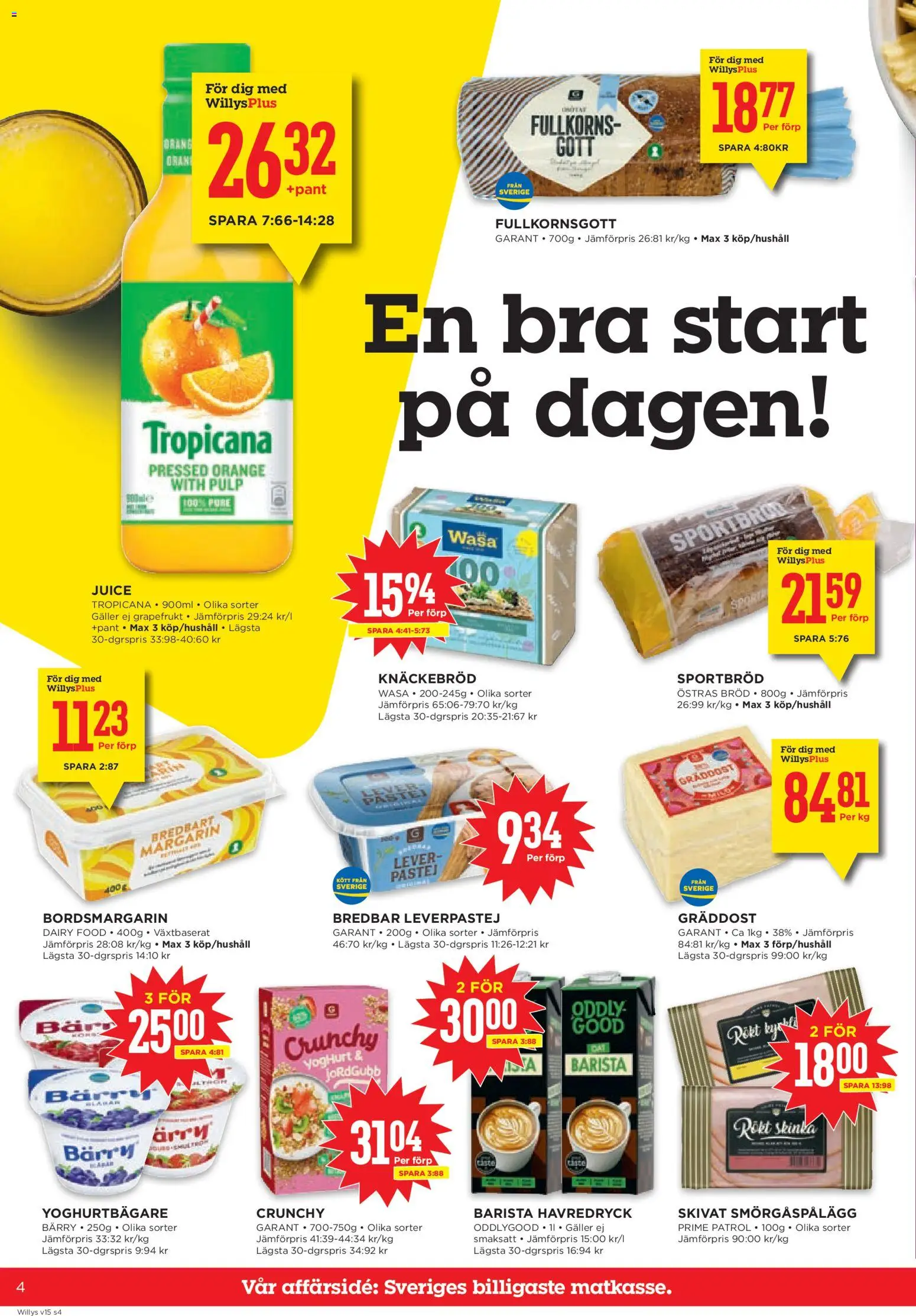 Willys reklamblad aktuell från 06.04.2026 | Sida: 4 | Produkter: Leverpastej, Margarin, Yoghurt, Bröd