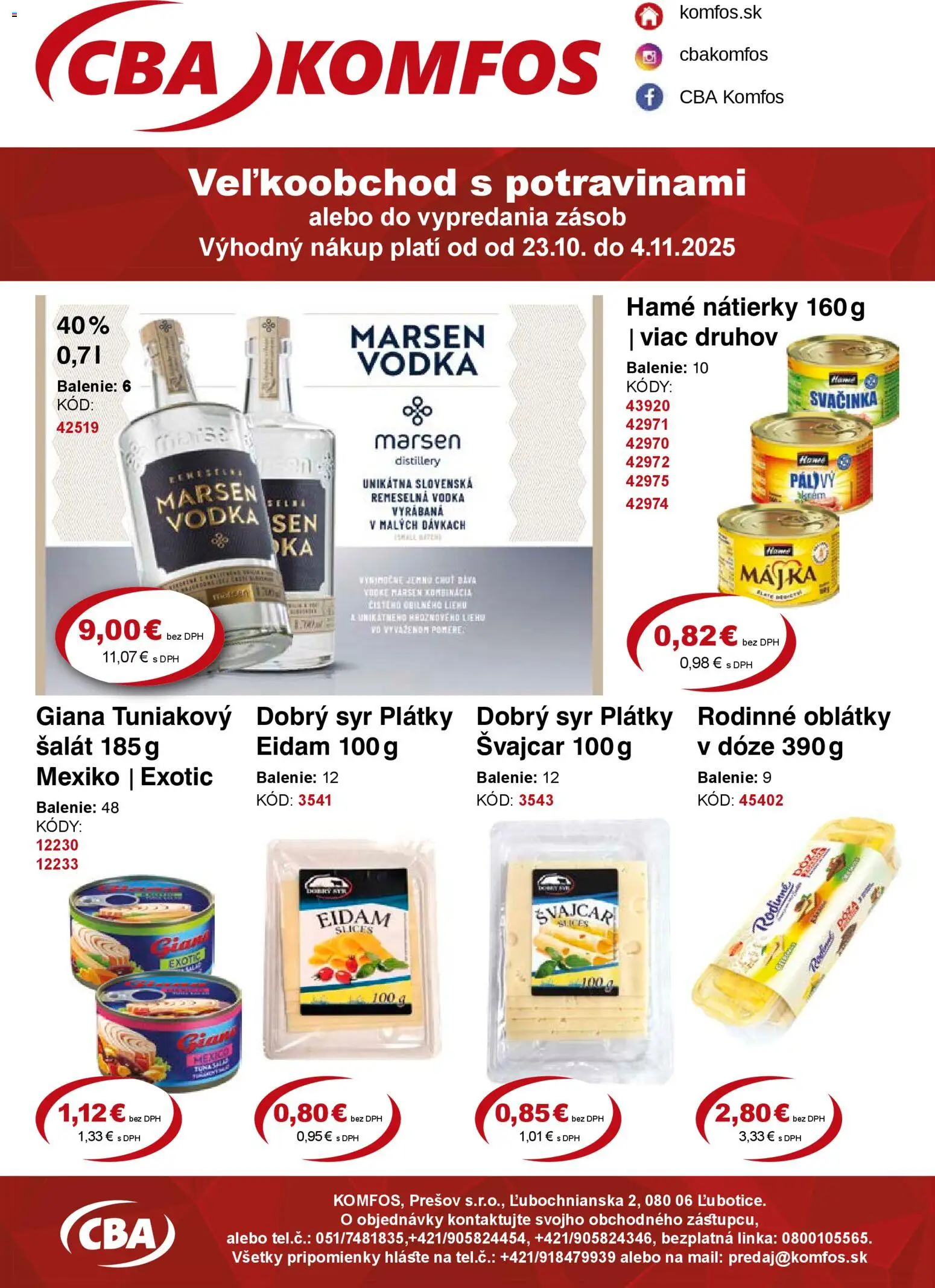 Nové CBA Komfos akcie – leták je platný od 23.10.2025 | Strana: 1 | Produkty: Syr, Eidam, Vodka, Šalát