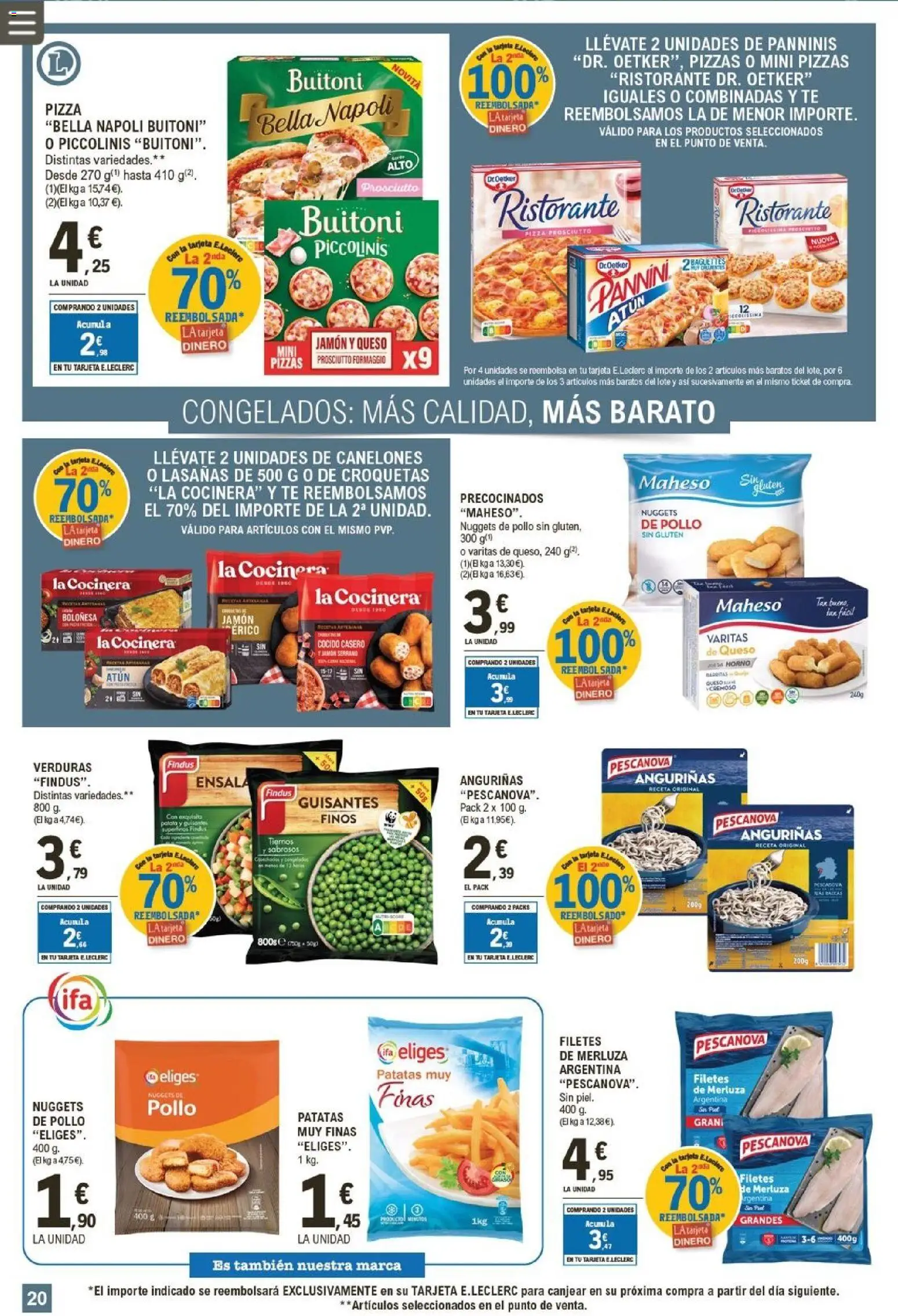E.Leclerc folleto │ válido desde el 04.02.2026 | Página: 20 | Productos: Jamón, Pizza, Filetes de merluza, Canelones