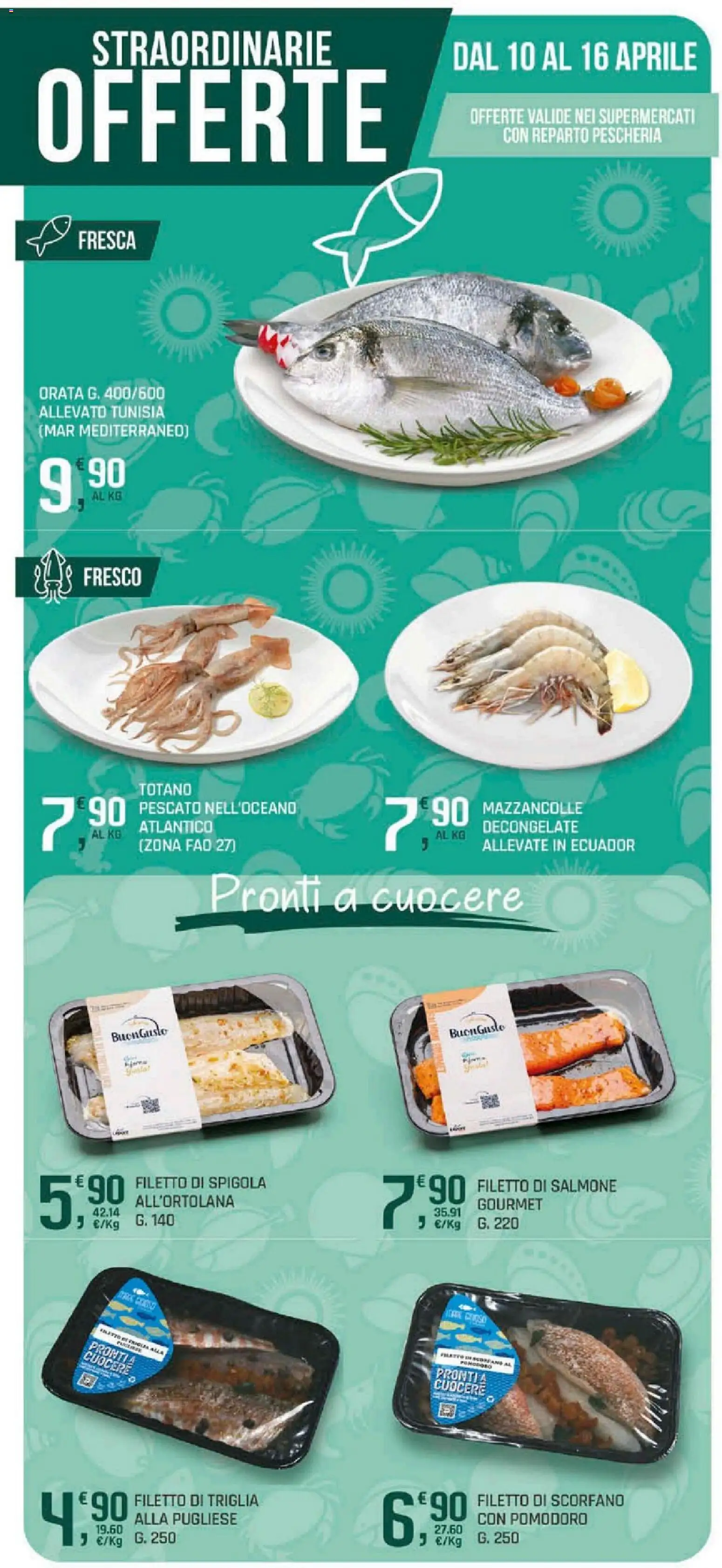 Volantino DOK del 10.04.2026 | Pagina: 14 | Prodotti: Salmone, Mazzancolle, Pomodoro, Spigola