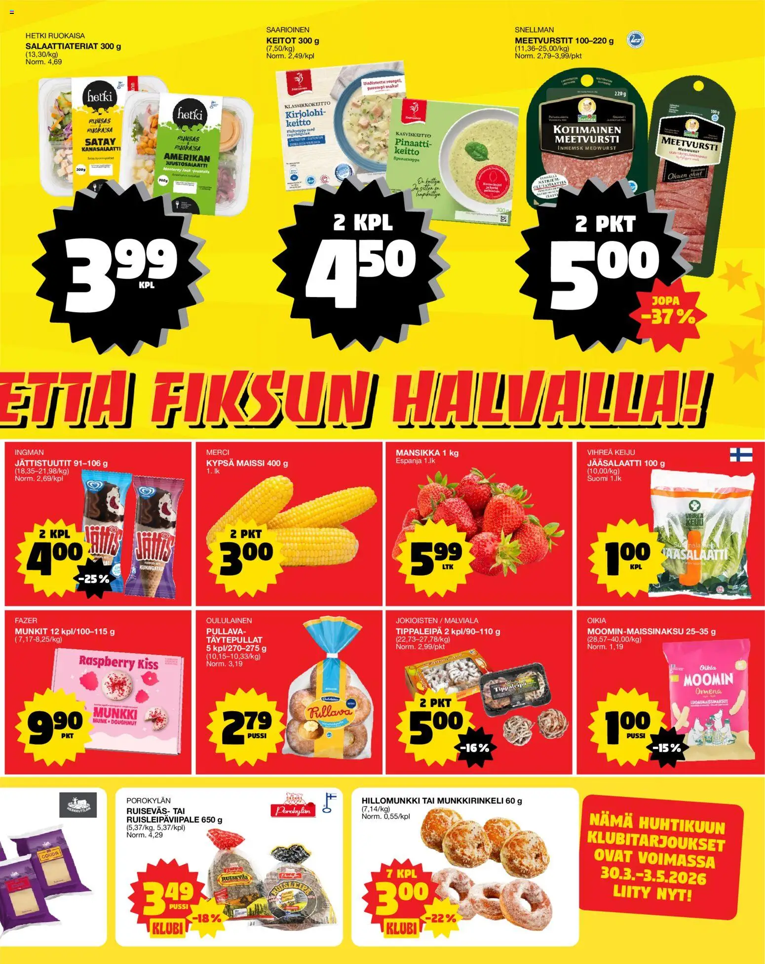 Tokmanni Ruokatarjoukset – voimassa 23.04.2026 alkaen | Sivu: 3 | Tuotteet: Kirjolohi, Meetvursti, Keitto, Pinaatti
