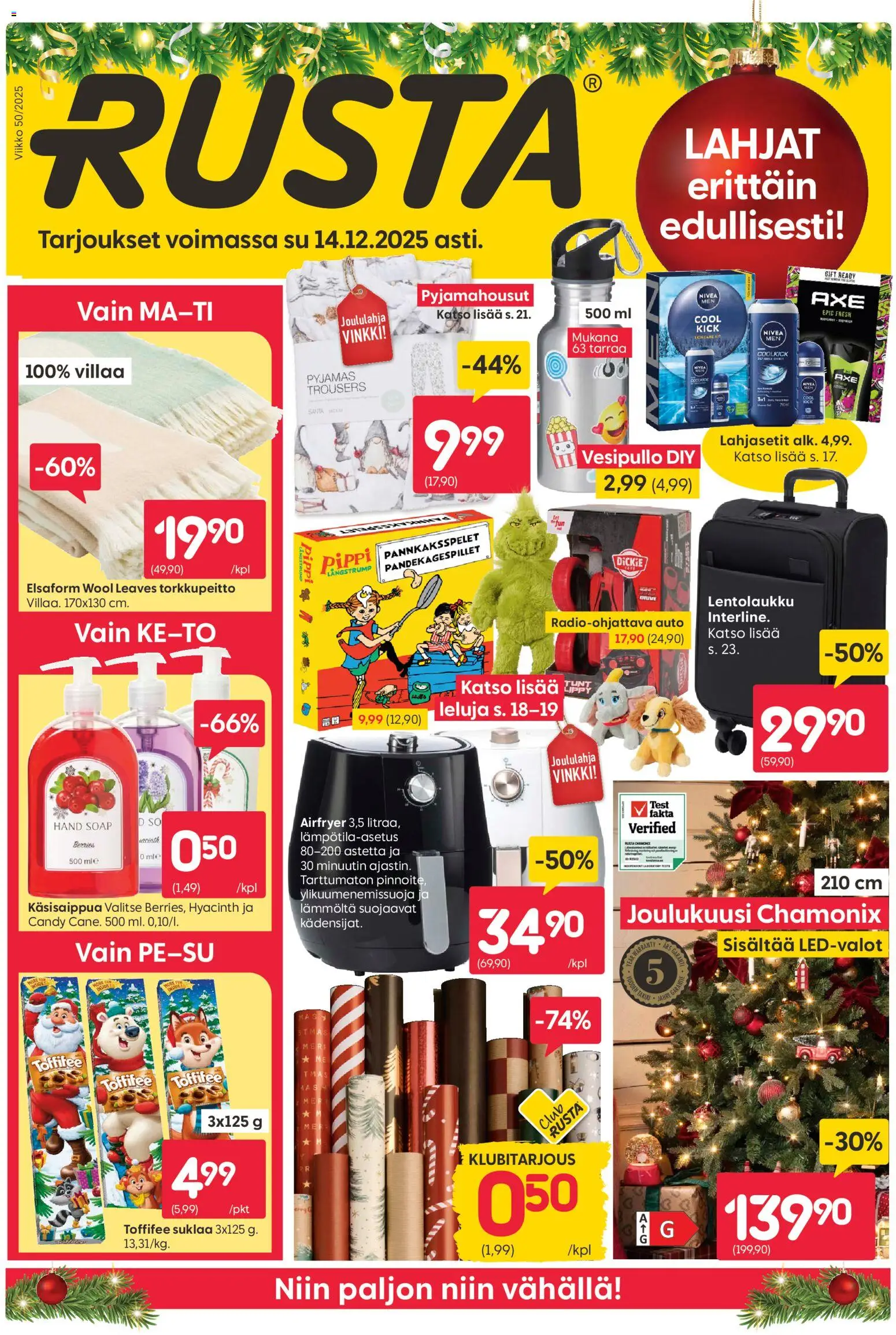 Rusta tarjoukset – voimassa 01.12.2025 alkaen | Sivu: 1 | Tuotteet: Vesipullo, Käsisaippua, Suklaa
