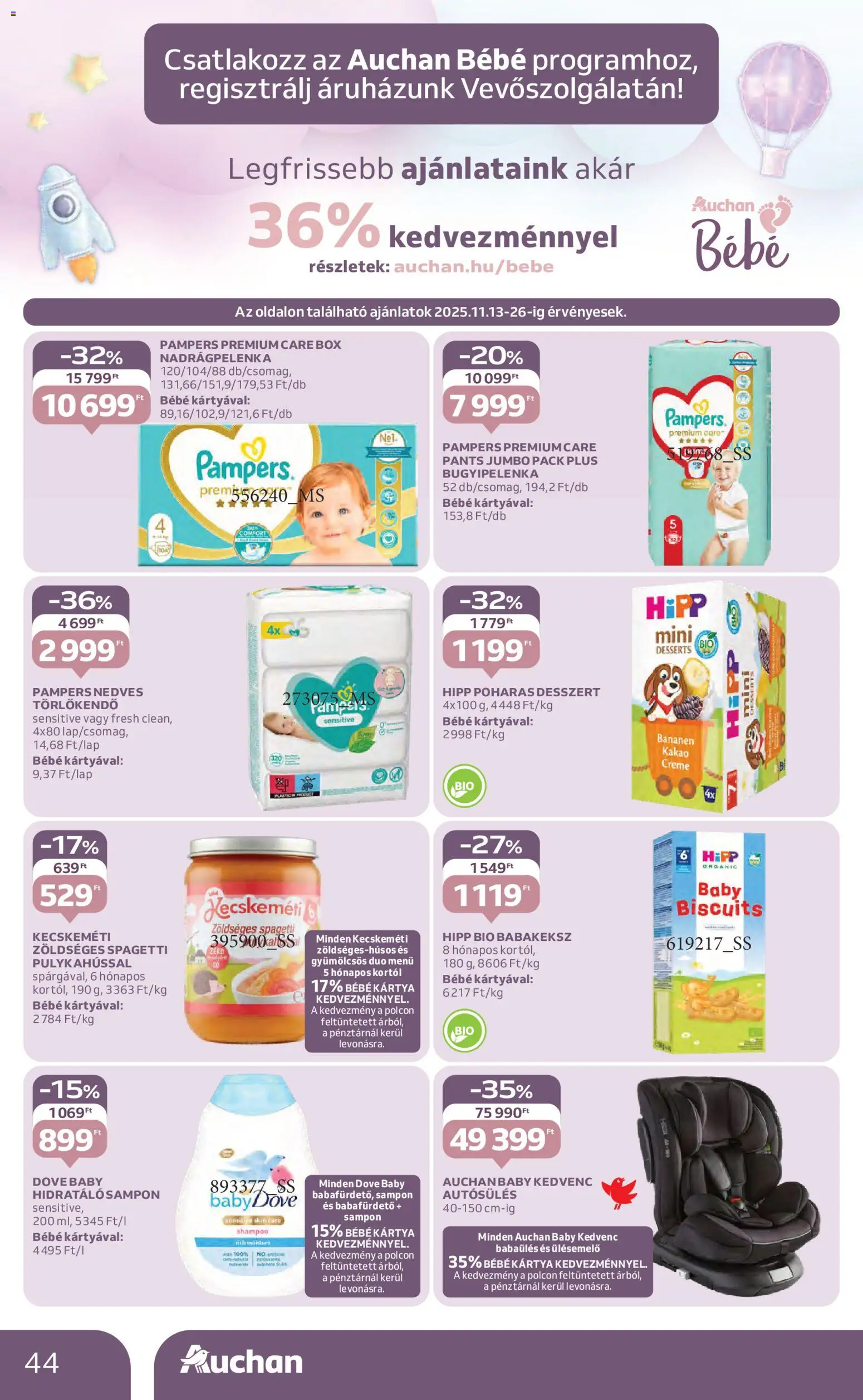 Auchan akciós ujság - amely érvényes a következő dátumtól: 13.11.2025 | Oldal: 44 | Termékek: Pampers, Spagetti, Törlőkendő, Nedves törlőkendő