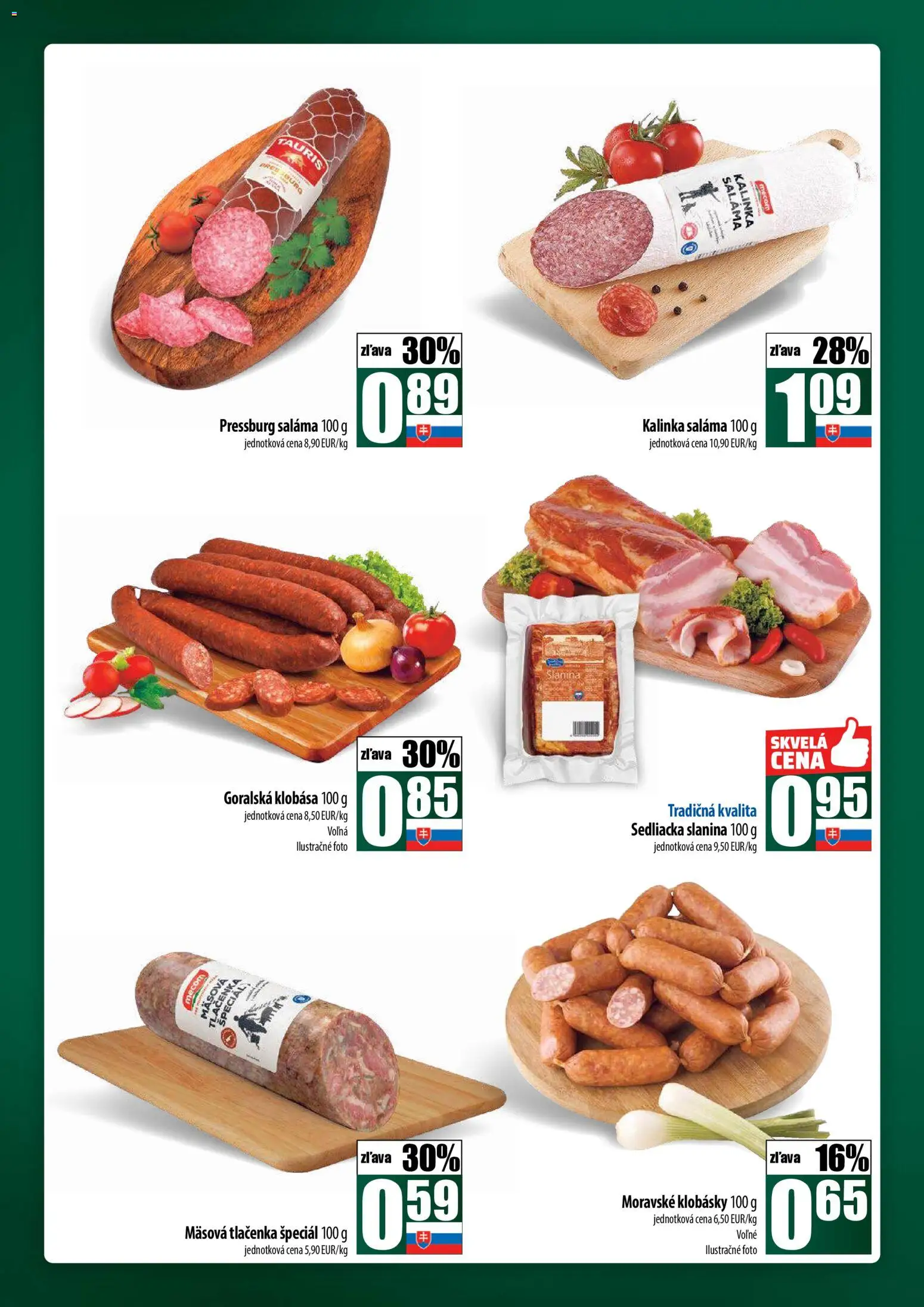 Nové COOP Jednota akcie – leták je platný od 23.10.2025 | Strana: 16 | Produkty: Saláma, Slanina, Klobása