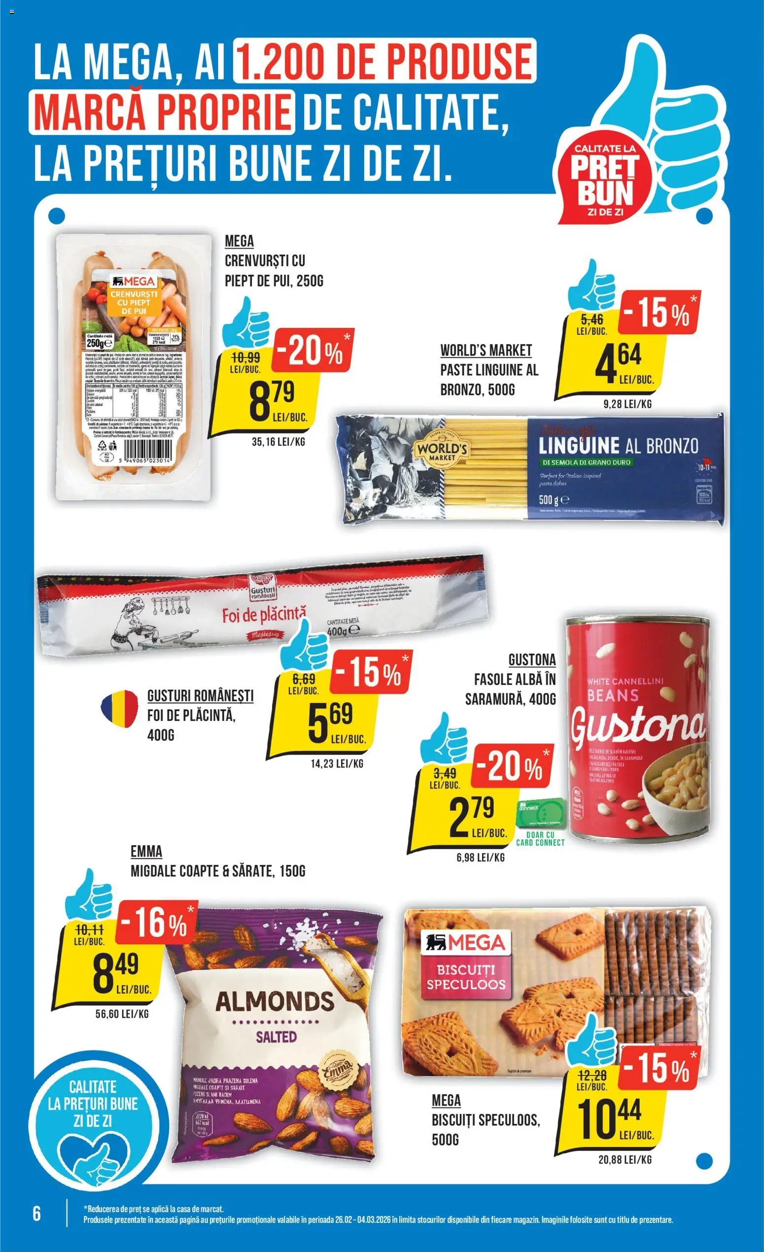Noul catalog Mega Image – valabil de la 26.02.2026 | Pagină: 6 | Produse: Plăcintă, Migdale, Paste, Biscuiți