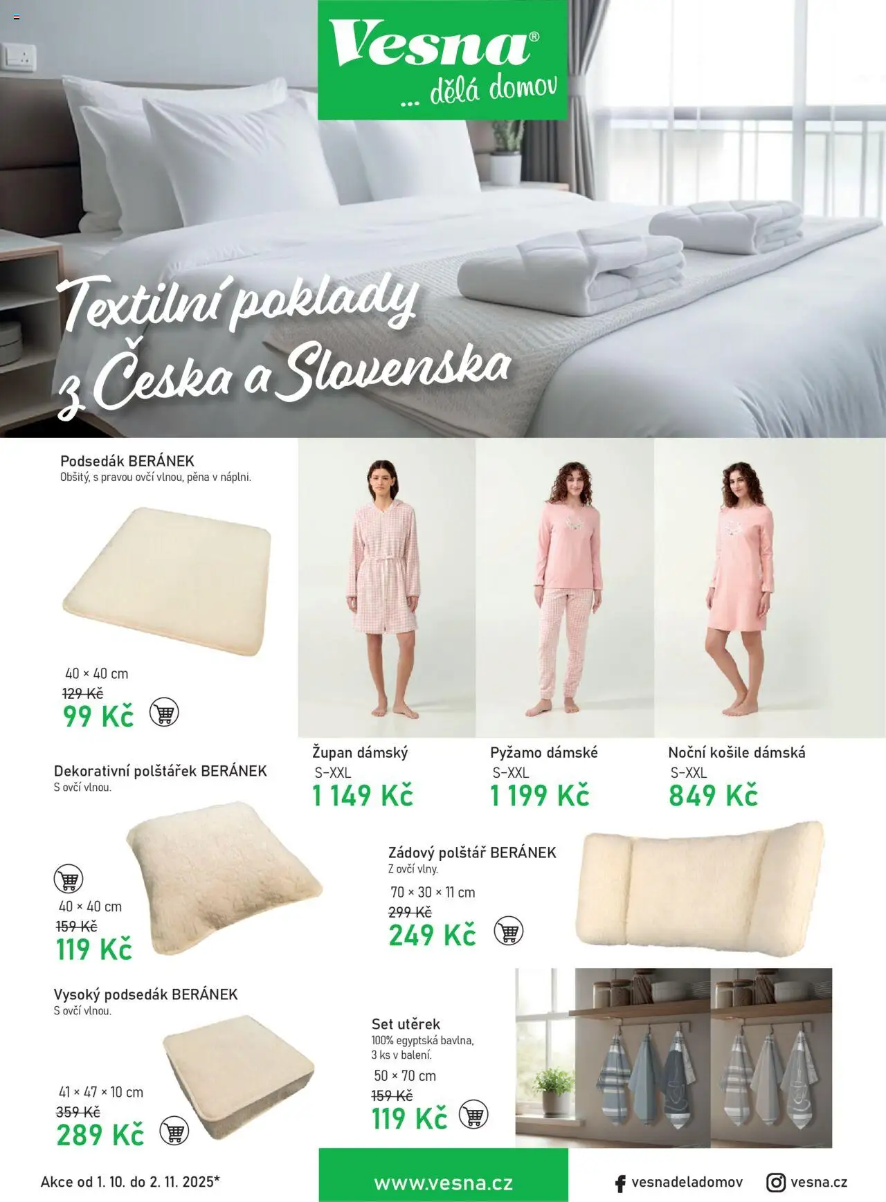 Vesna leták od 01.10.2025 | Strana: 1 | Produkty: Košile, Podsedák, Polštář, Noční košile