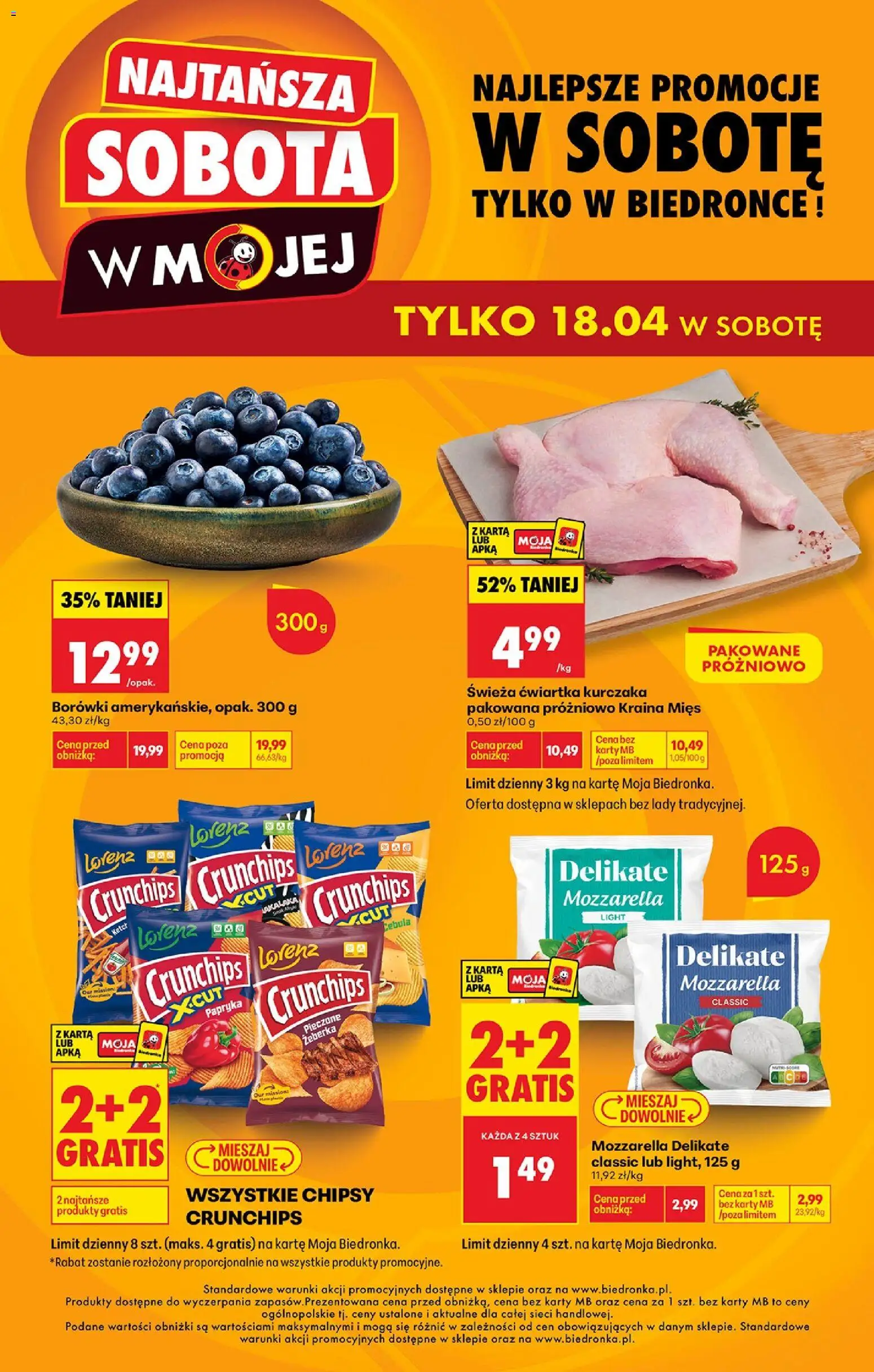 Biedronka gazetka - Najtańsza sobota od 18.04.2026 | Strona: 1 | Produkty: Chipsy, Kraina mięs, Papryka, Mozzarella