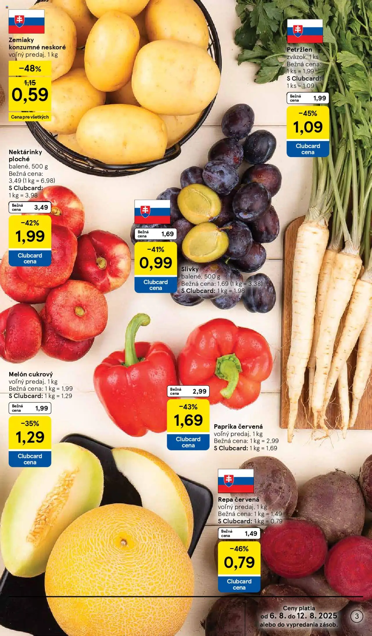 Tesco Supermarket - leták │ platný od 06.08.2025 | Strana: 3 | Produkty: Paprika, Melón, Červená repa, Slivky