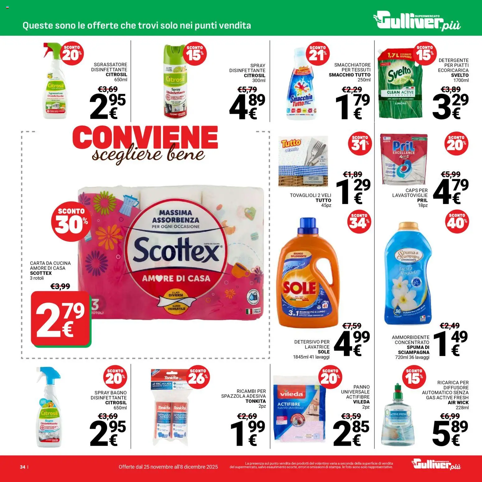 Volantino Gulliver del 25.11.2025 | Pagina: 34 | Prodotti: Spazzola, Spray disinfettante, Ammorbidente, Bagno