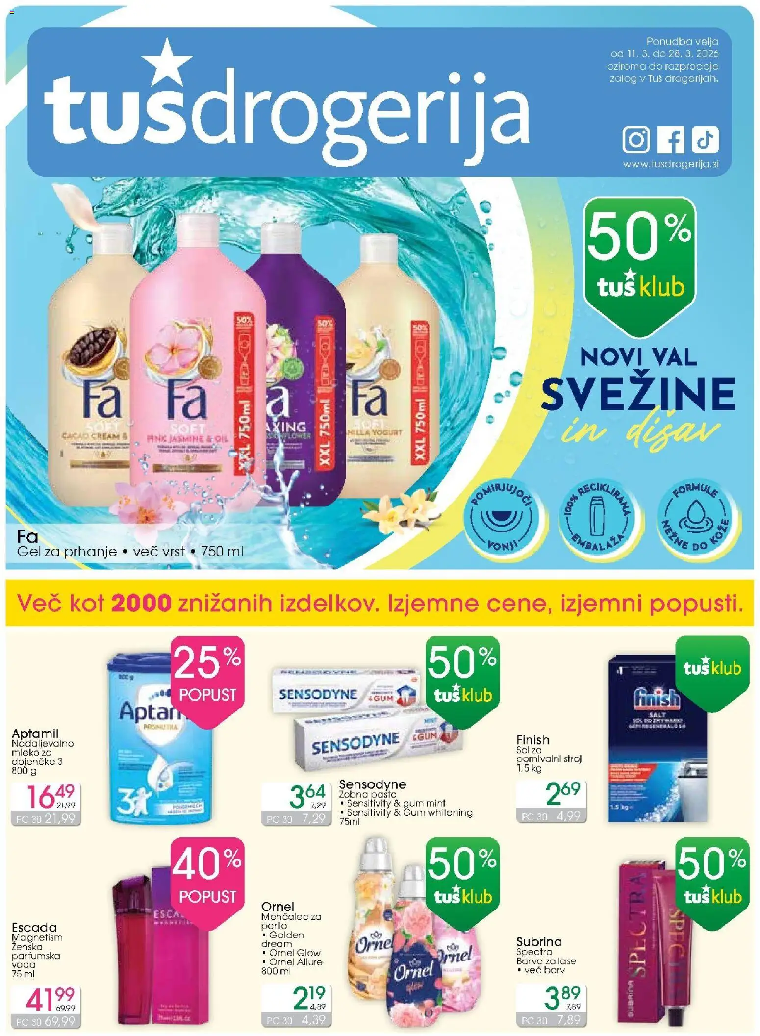 Novi Tuš drogerija katalog ponudbe – veljaven od 11.03.2026 | Stran: 1 | Izdelki: Pomivalni stroj, Mleko, Barva, Sol