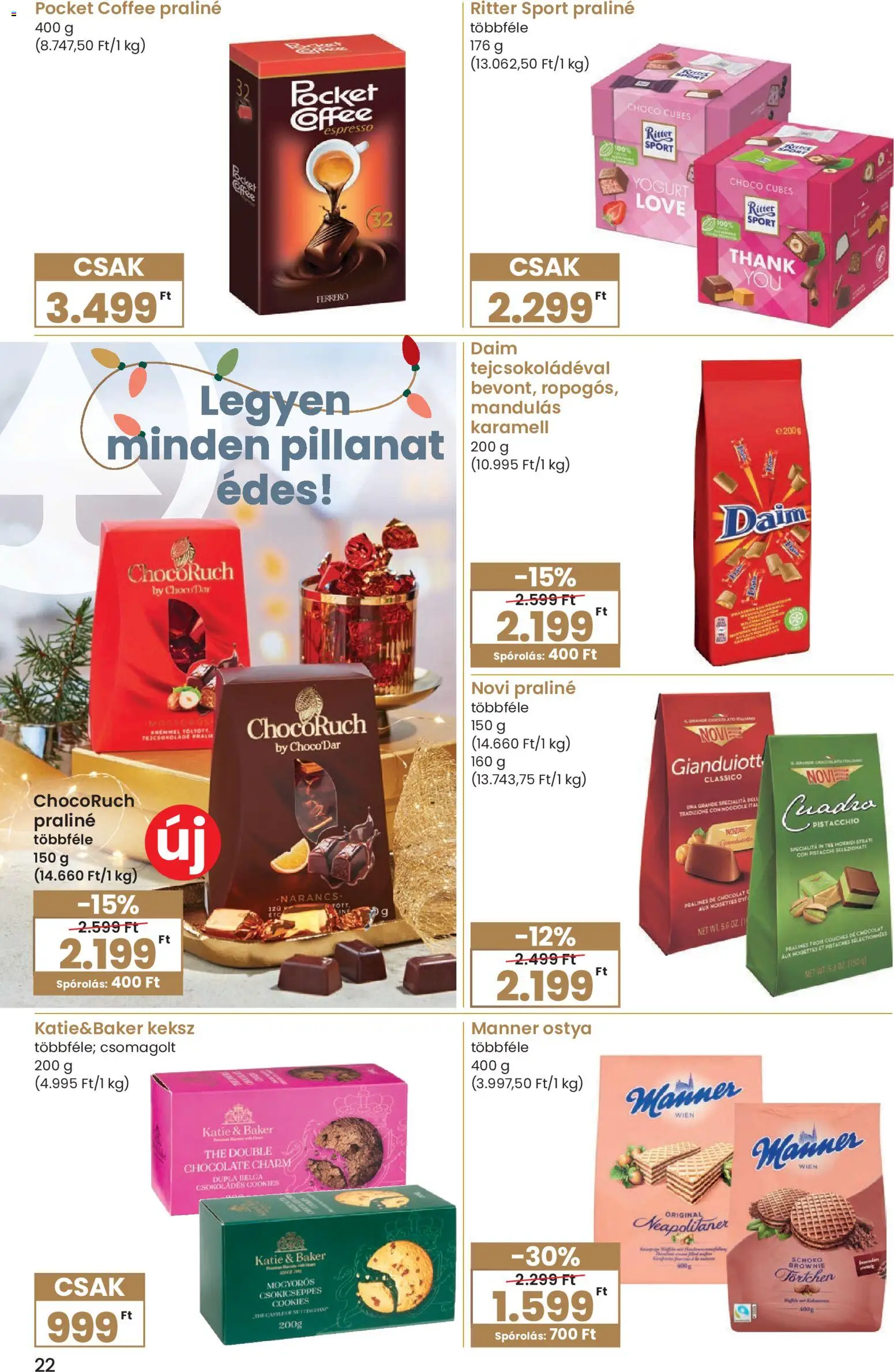 Interspar akciós ujság - amely érvényes a következő dátumtól: 27.11.2025 | Oldal: 22 | Termékek: Praliné, Narancs, Brownie, Keksz