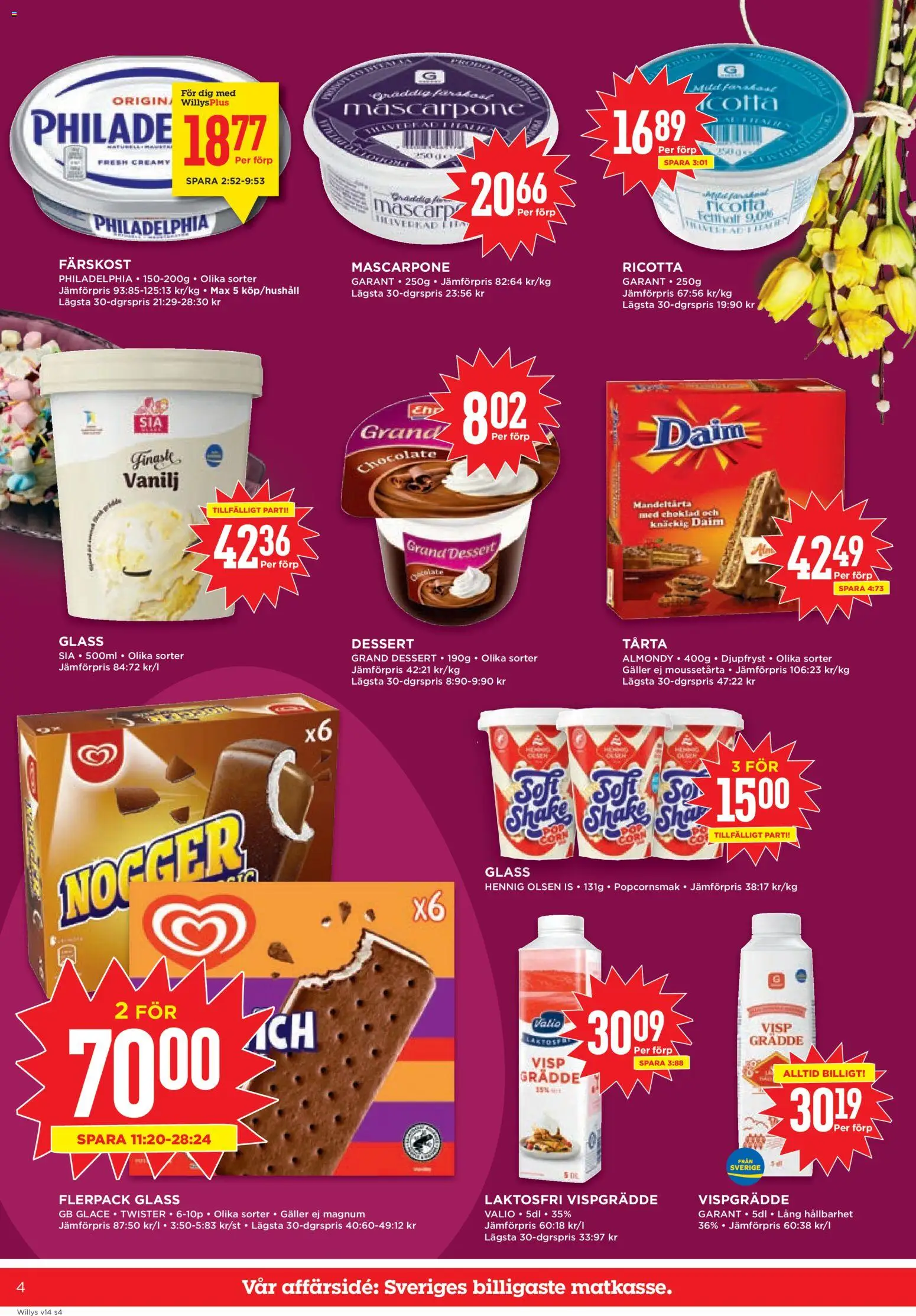 Willys reklamblad aktuell från 30.03.2026 | Sida: 4 | Produkter: Choklad, Glass, Grädde, Vispgrädde