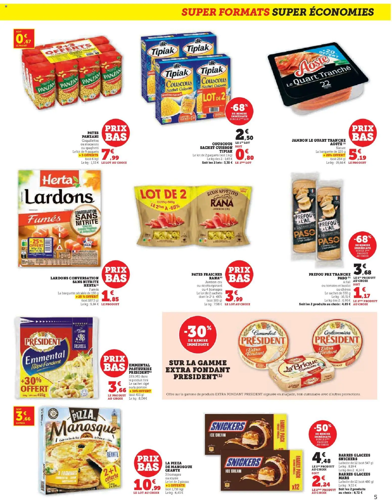 {H1} | Page: 5 | Produits: Jambon Cru, Emmental, Coquillettes, Camembert