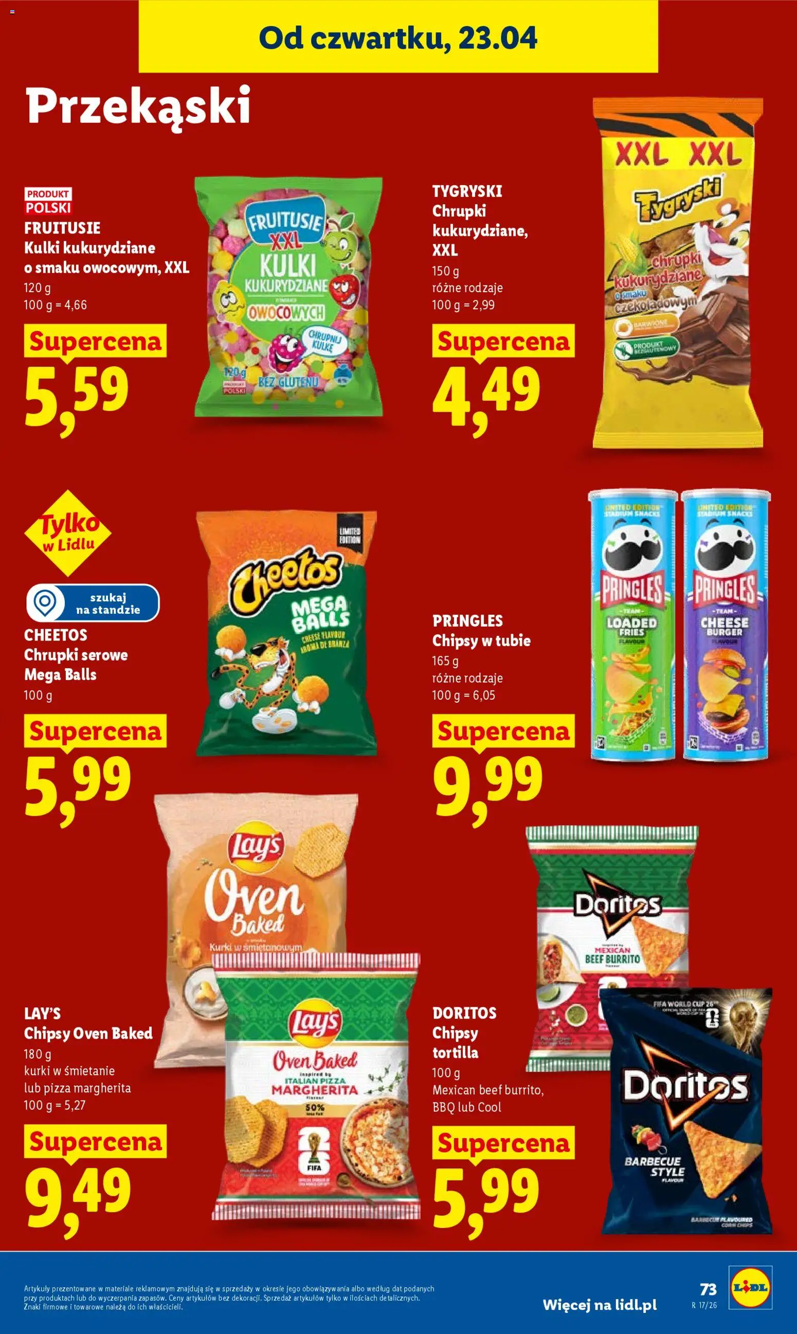 Lidl gazetka od 23.04.2026 | Strona: 73 | Produkty: Chipsy w tubie, Chrupki, Chrupki serowe, Doritos