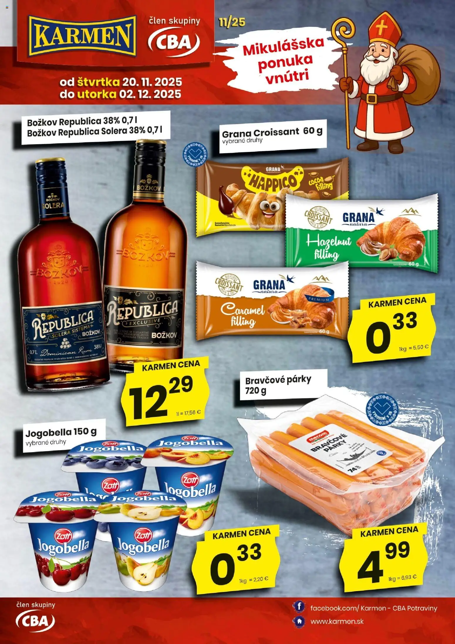 Nové KARMEN CBA akcie – leták je platný od 20.11.2025 | Strana: 1 | Produkty: Croissant, Božkov, Republica, Párky