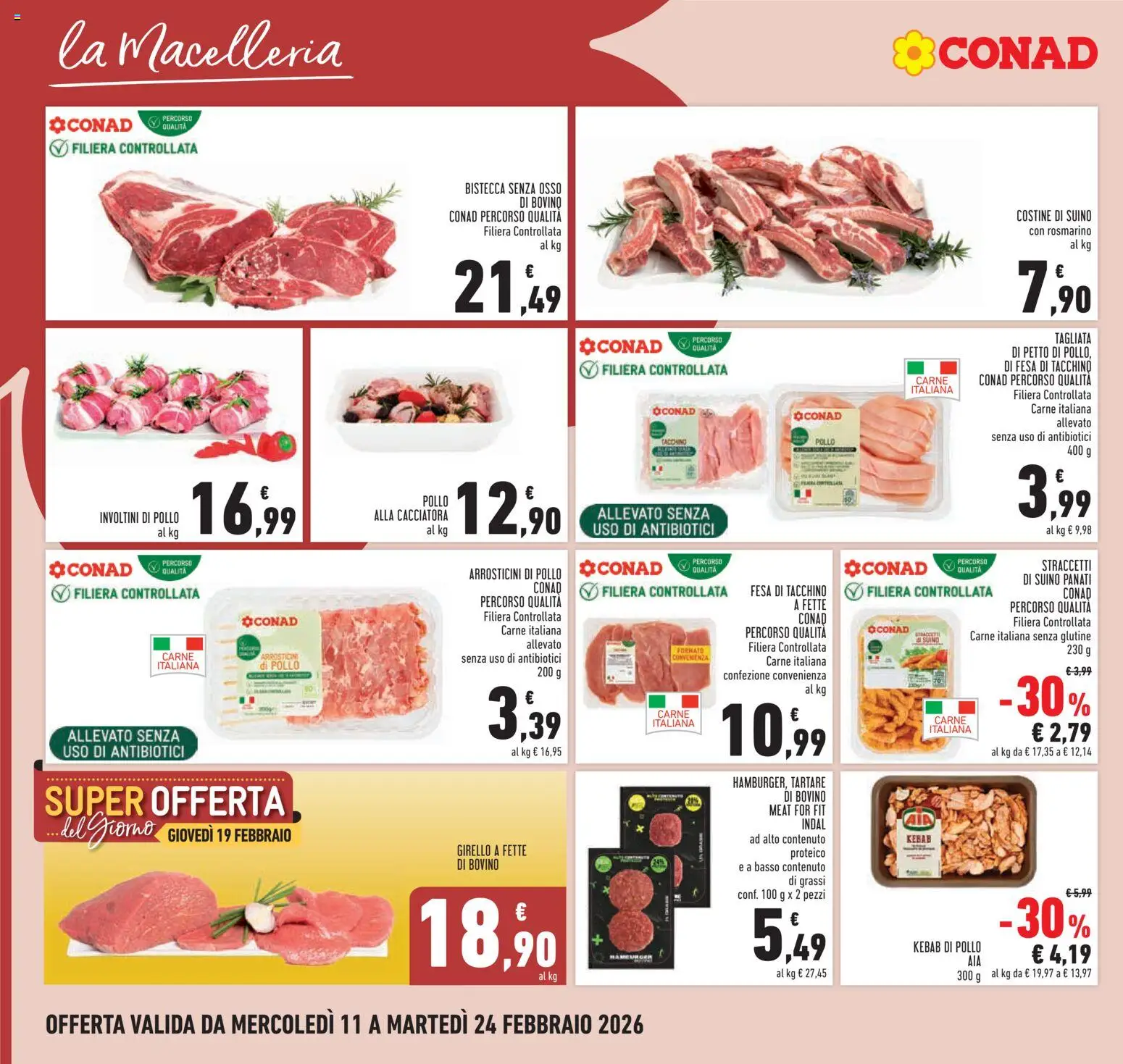 Volantino Conad del 11.02.2026 | Pagina: 6 | Prodotti: Pollo, Girello, Hamburger, Arrosticini
