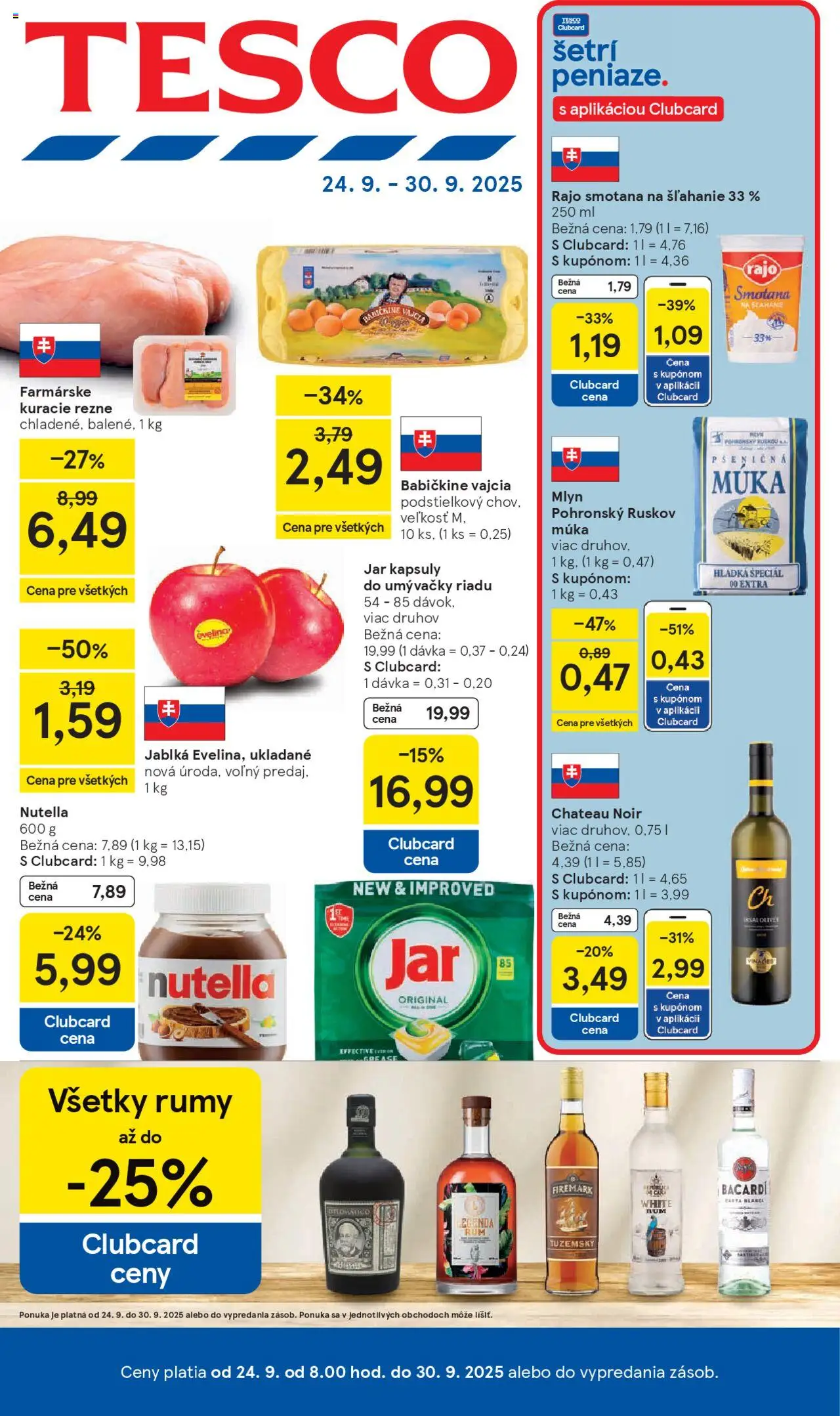 Nové Tesco akcie – leták je platný od 24.09.2025 | Strana: 1 | Produkty: Pšeničná múka, Múka, Bacardi, Jar