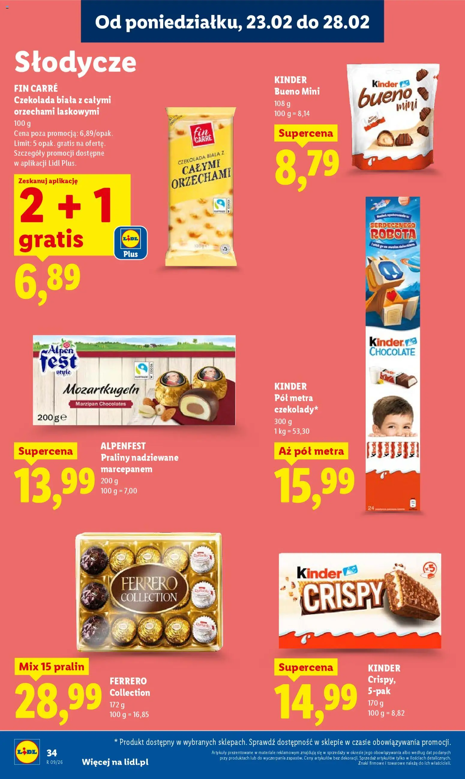 Lidl Gazetka od 23.02.2026 | Strona: 34 | Produkty: Słodycze, Praliny, Kinder Bueno, Czekolada