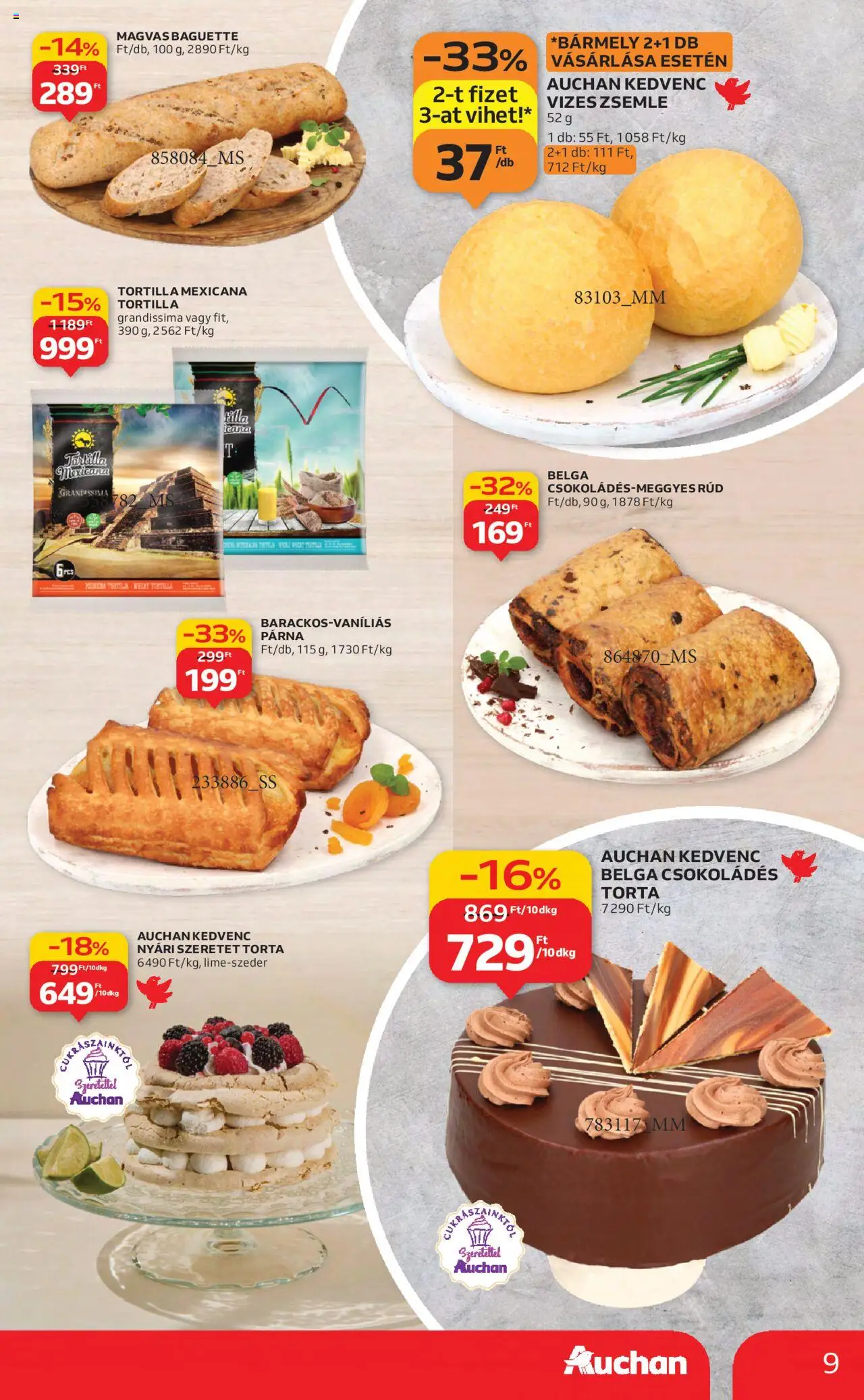 Auchan akciós ujság - amely érvényes a következő dátumtól: 21.08.2025 | Oldal: 9 | Termékek: Torta, Tortilla, Zsemle, Párna