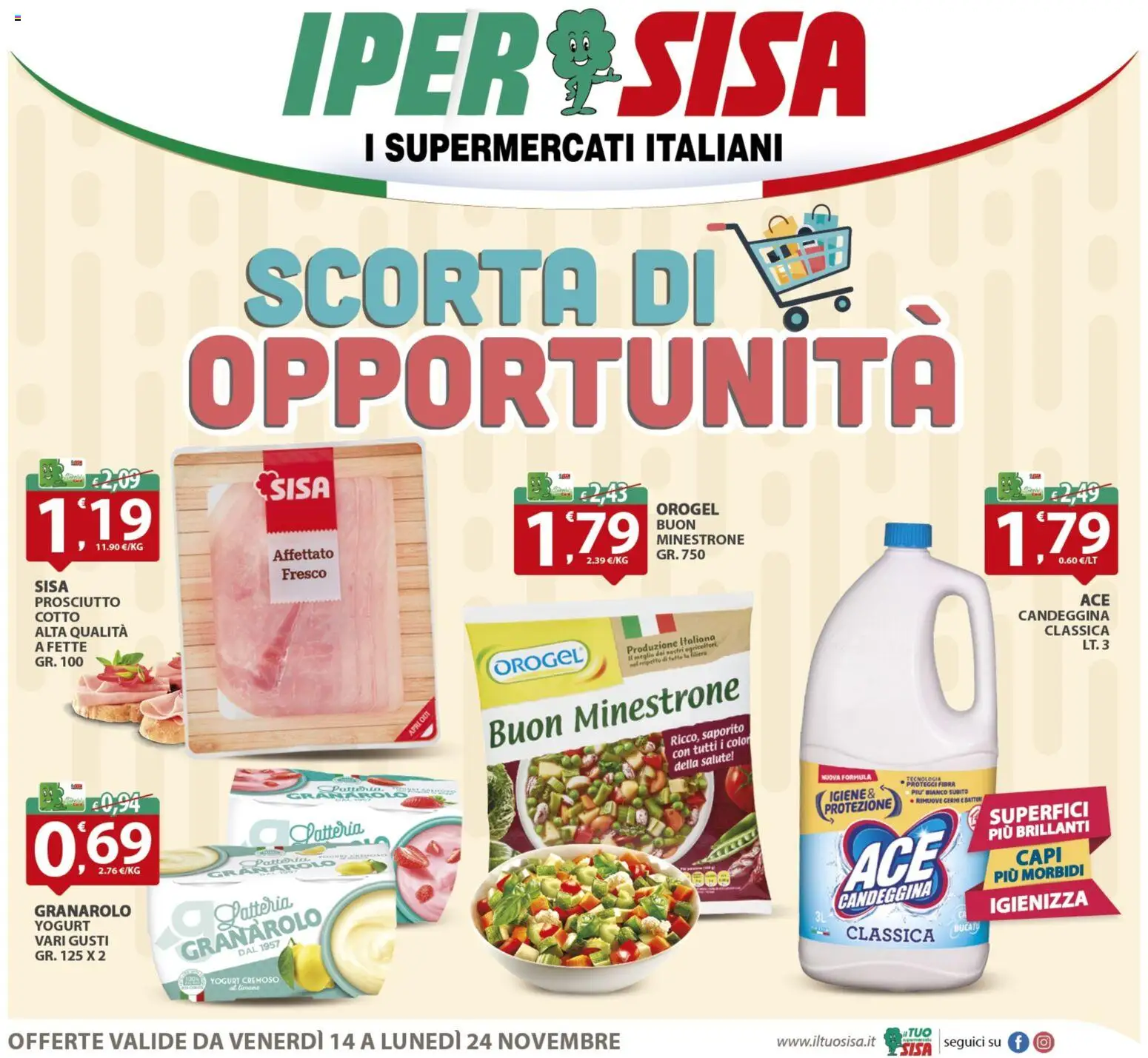 Volantino SISA del 14.11.2025 | Pagina: 1 | Prodotti: Minestrone, Prosciutto Cotto, Yogurt, Prosciutto