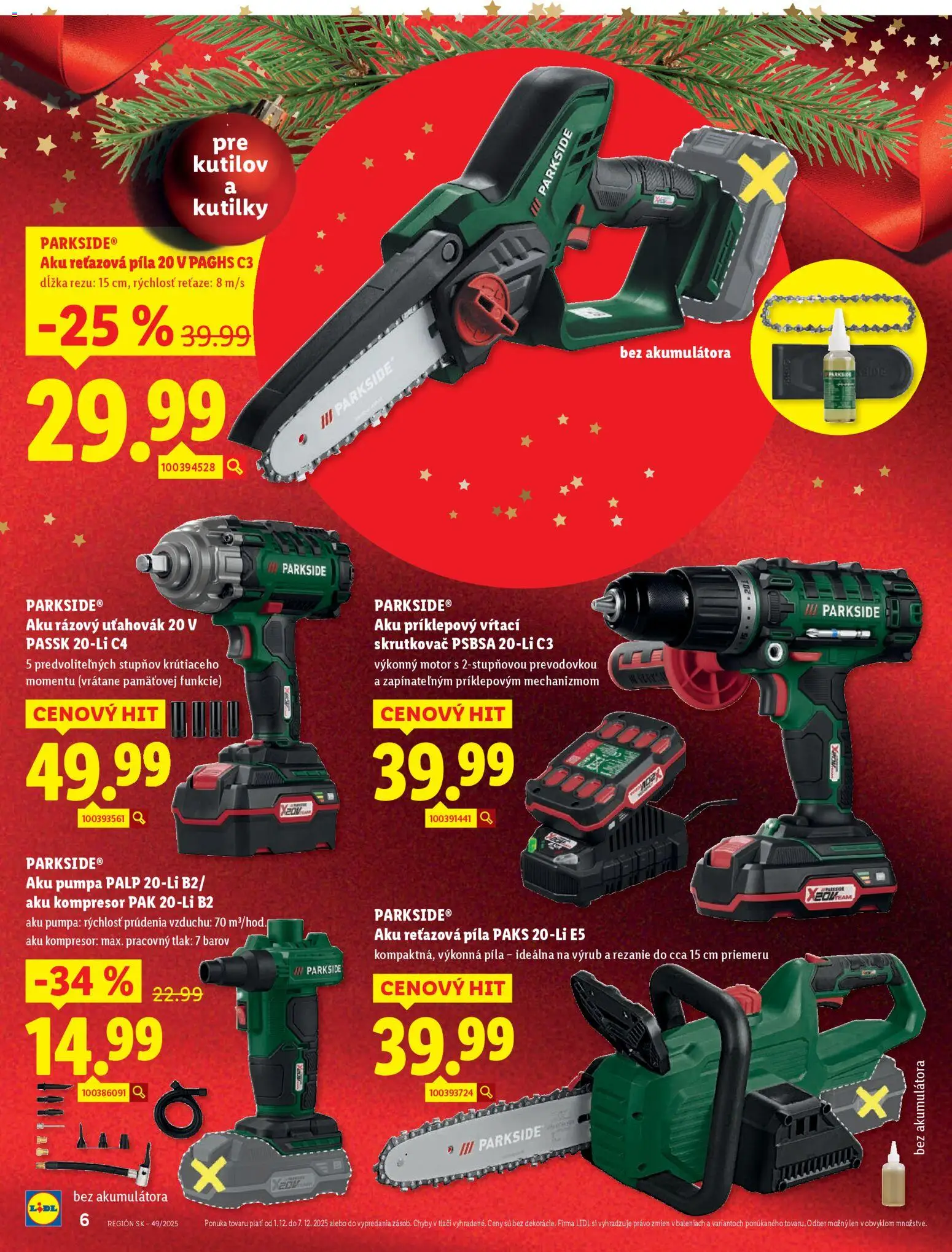 Nové Lidl akcie – leták je platný od 01.12.2025 | Strana: 6 | Produkty: Pumpa, Aku reťazová píla, Reťazová píla, Skrutkovač