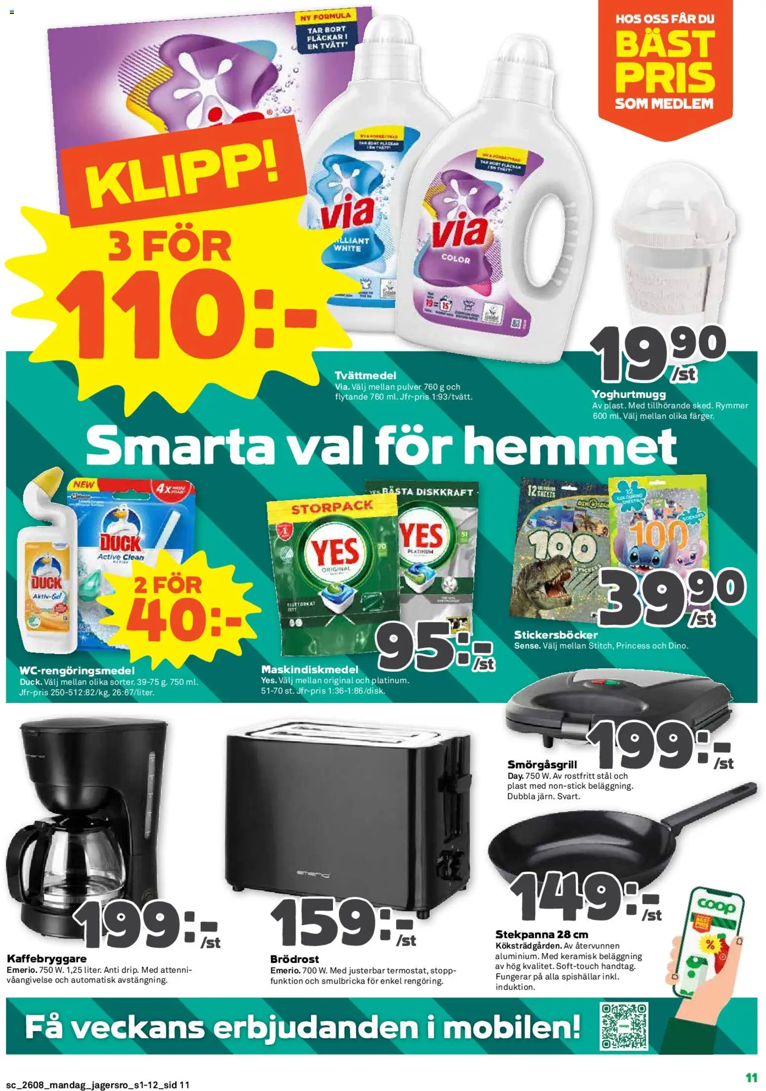Coop Forum reklamblad aktuell från 16.02.2026 | Sida: 11 | Produkter: Smörgåsgrill, Brödrost, Tvättmedel, Stekpanna