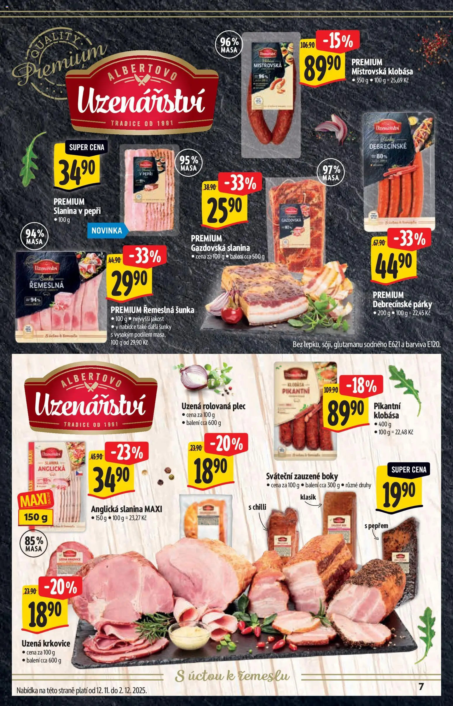 Albert katalog - Supermarket od 12.11.2025 | Strana: 7 | Produkty: Šunka, Klobása, Anglická slanina, Uzená krkovice