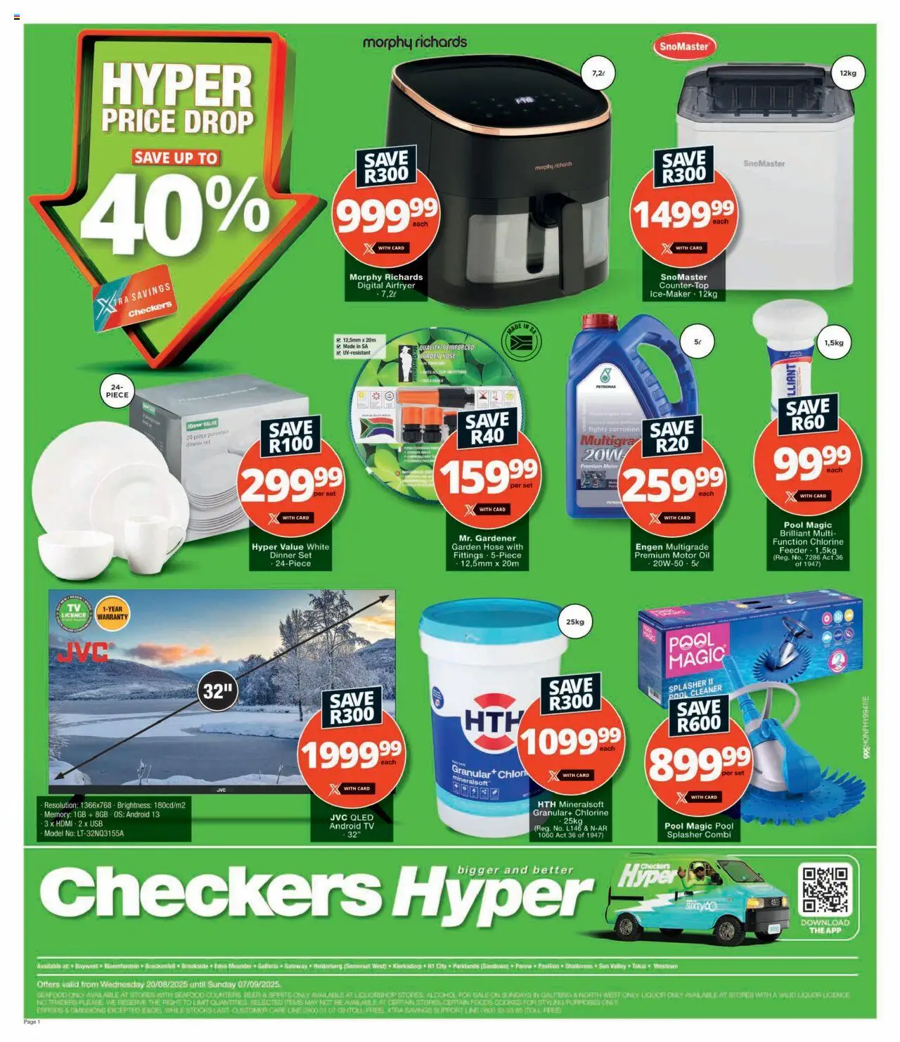 Checkers - Hyper Price Drop Promotion │ valid from 20.08.2025 | Page: 1 | Products: USB, Beer, Garden hose, Seafood