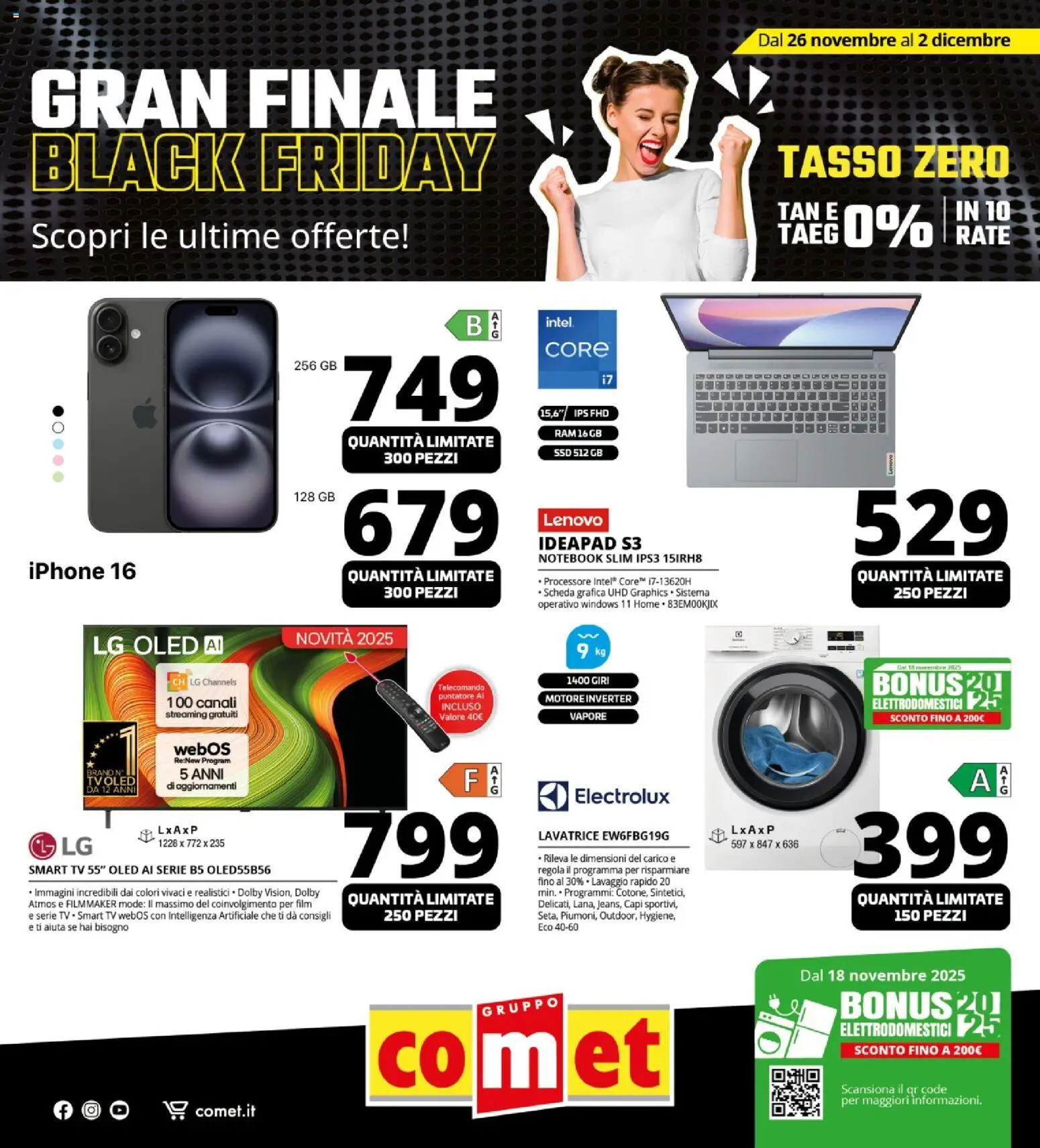 Volantino Comet del 26.11.2025 | Pagina: 1 | Prodotti: Notebook, Iphone, smart TV, Lavatrice