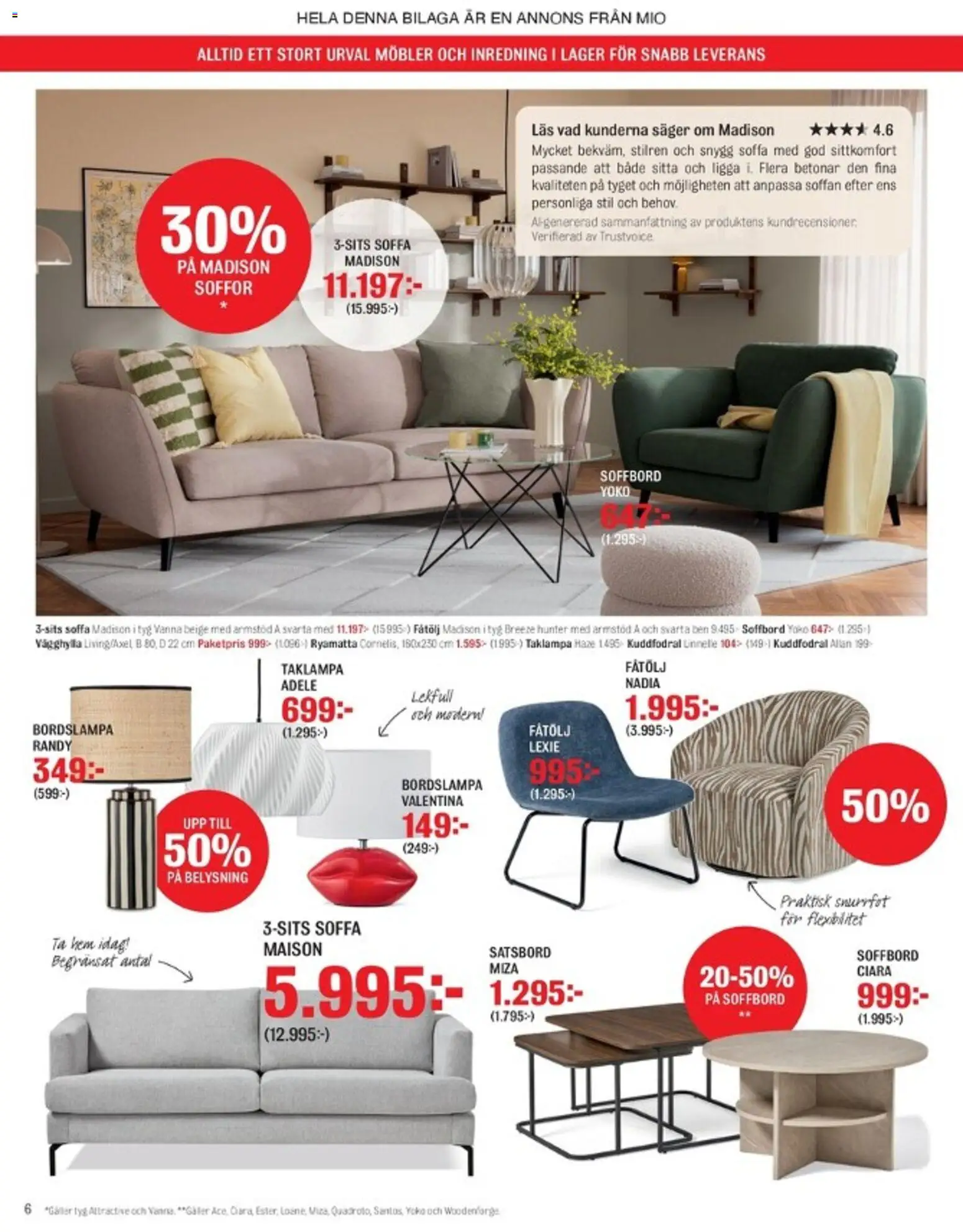 Mio reklamblad aktuell från 07.04.2026 | Sida: 6 | Produkter: Bordslampa, Soffa, Fåtölj, Soffbord