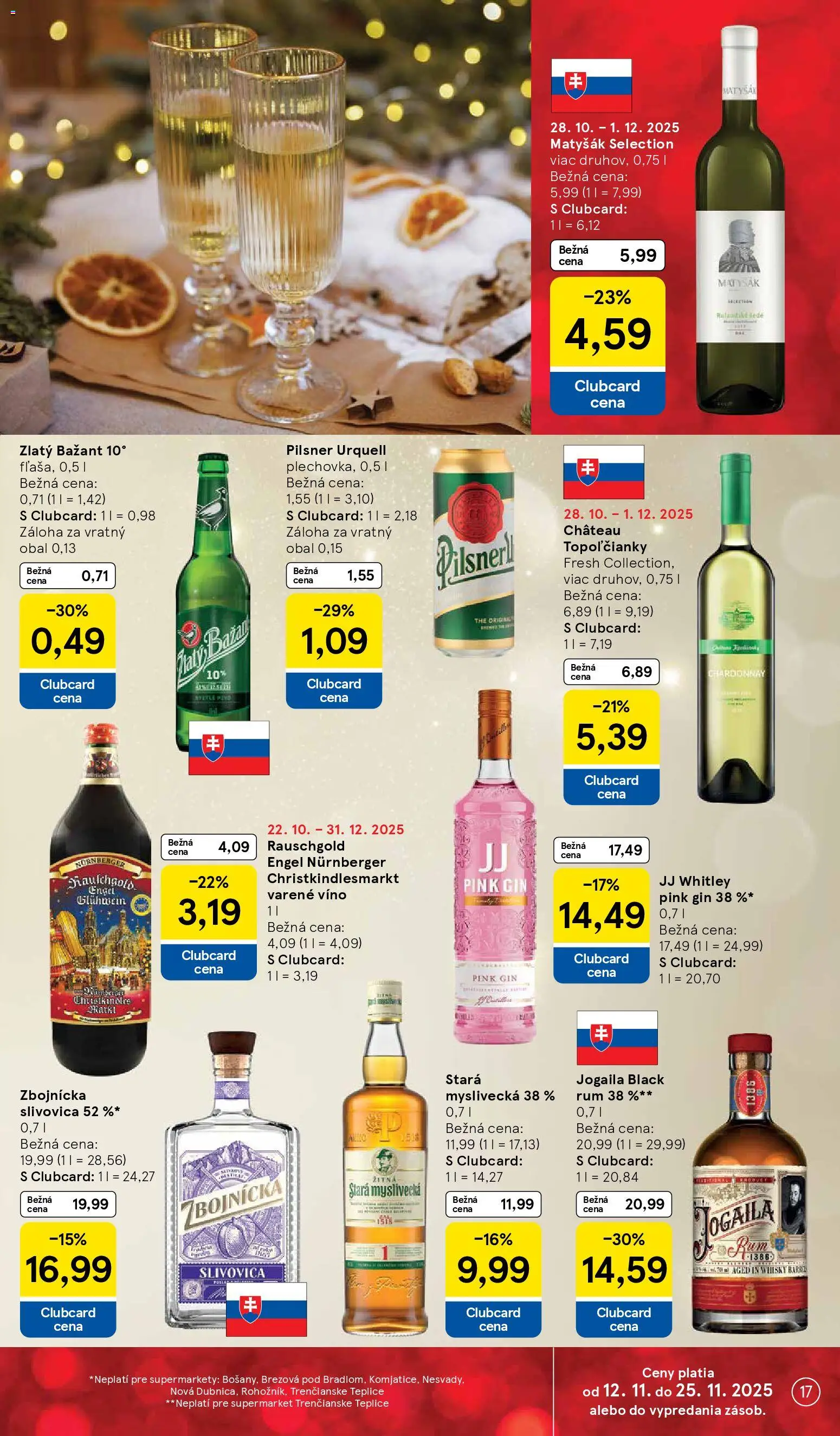 Nové Tesco akcie – leták je platný od 12.11.2025 | Strana: 17 | Produkty: Víno, Zlatý Bažant, Gin, Rum