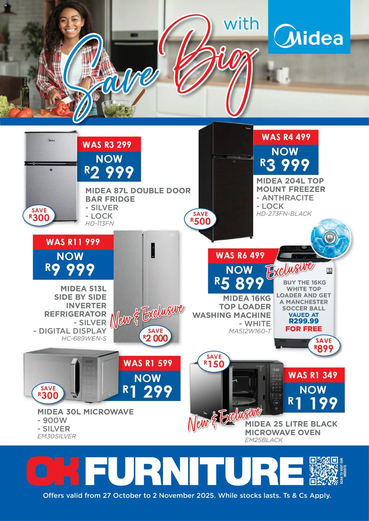 New OK Furniture catalogue – valid from 27.10.2025 | Page: 1 | Products: Refrigerator, Washing machine, Microwave oven, Microwave