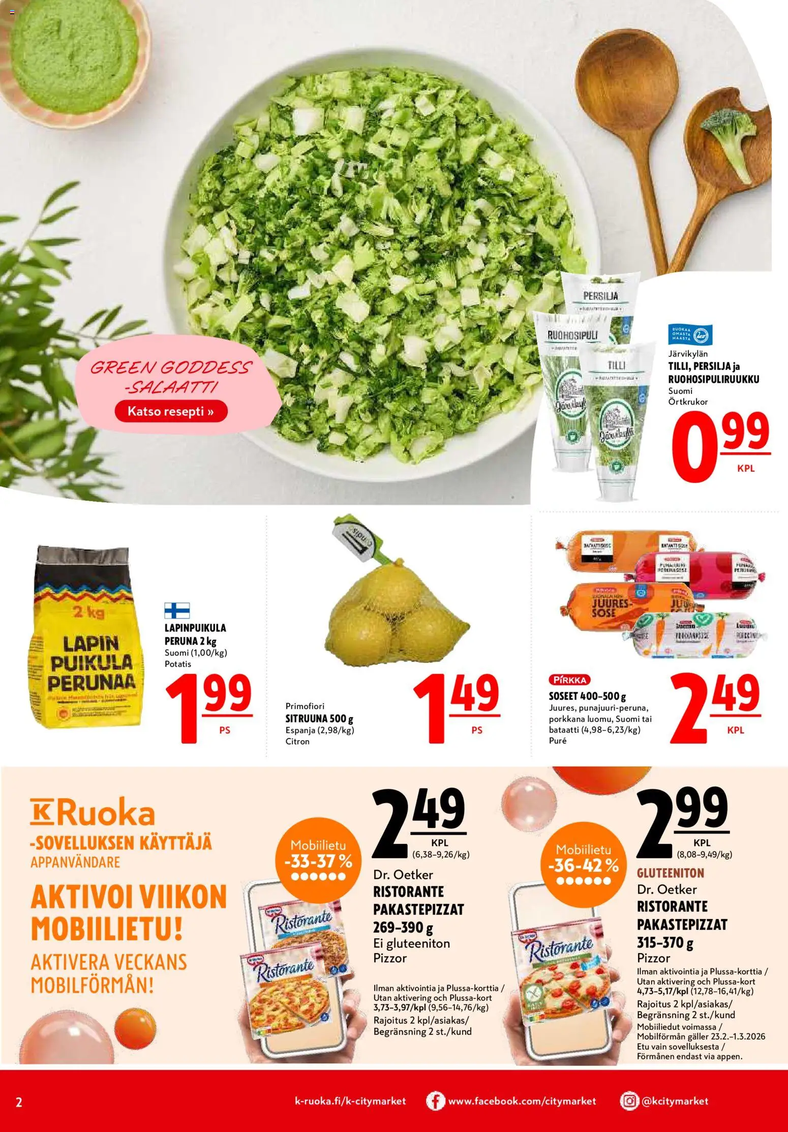 K-Citymarket tarjoukset – voimassa 26.02.2026 alkaen | Sivu: 2 | Tuotteet: Persilja, Peruna, Porkkana, Salaatti