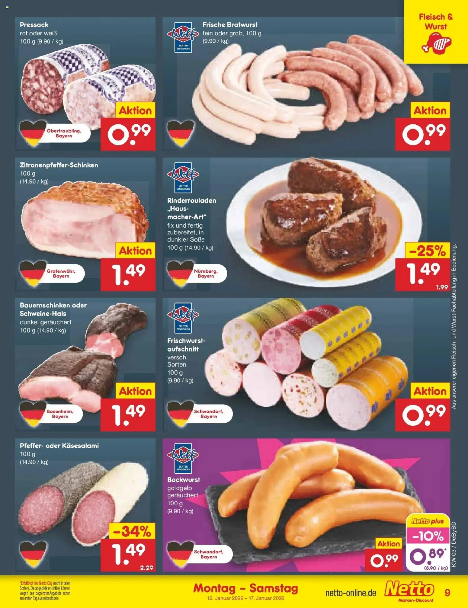 Netto Marken-Discount prospekt Buttenwiesen	 – gültig ab 12.01.2026 | Seite: 9 | Produkte: Bockwurst, Bratwurst, Pfeffer, Fleisch