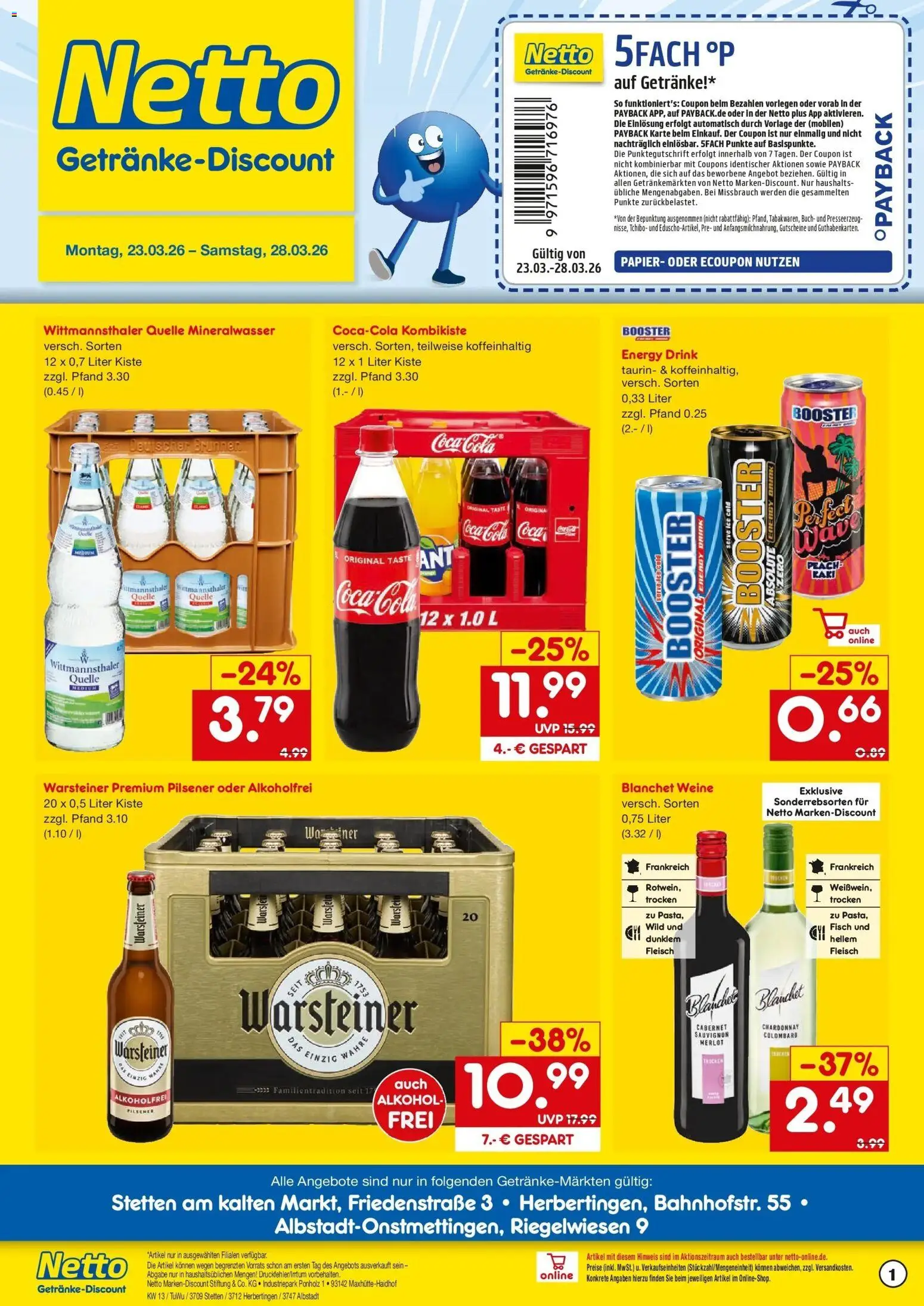 Netto Marken-Discount Prospekt Stetten Am Kalten Markt	 – gültig ab 23.03.2026 | Seite: 1 | Produkte: Cola, Energy, Mineralwasser, Fisch