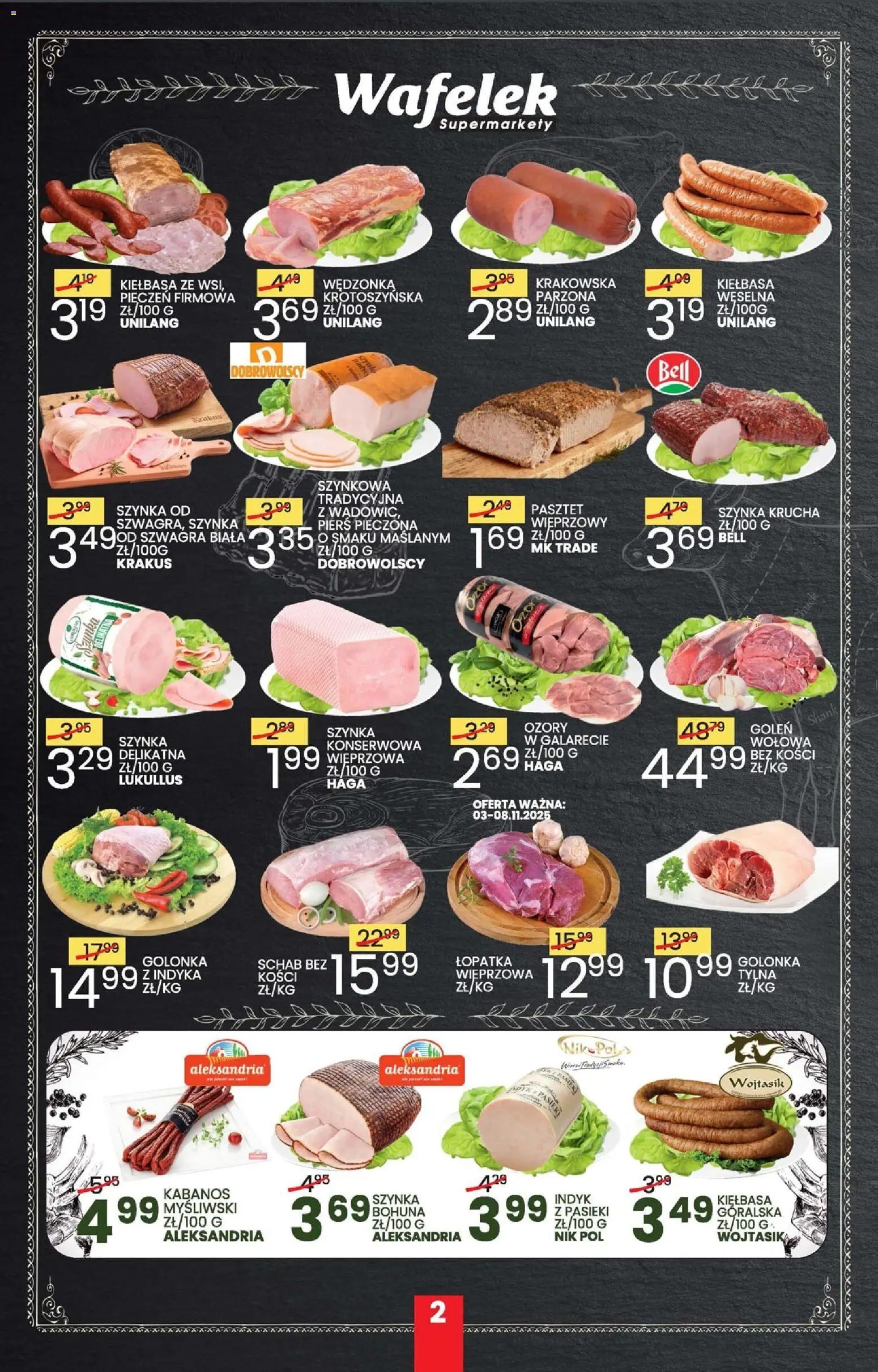 Wafelek Gazetka od 27.10.2025 | Strona: 2 | Produkty: Kiełbasa, Bell, Szynka, Łopatka wieprzowa