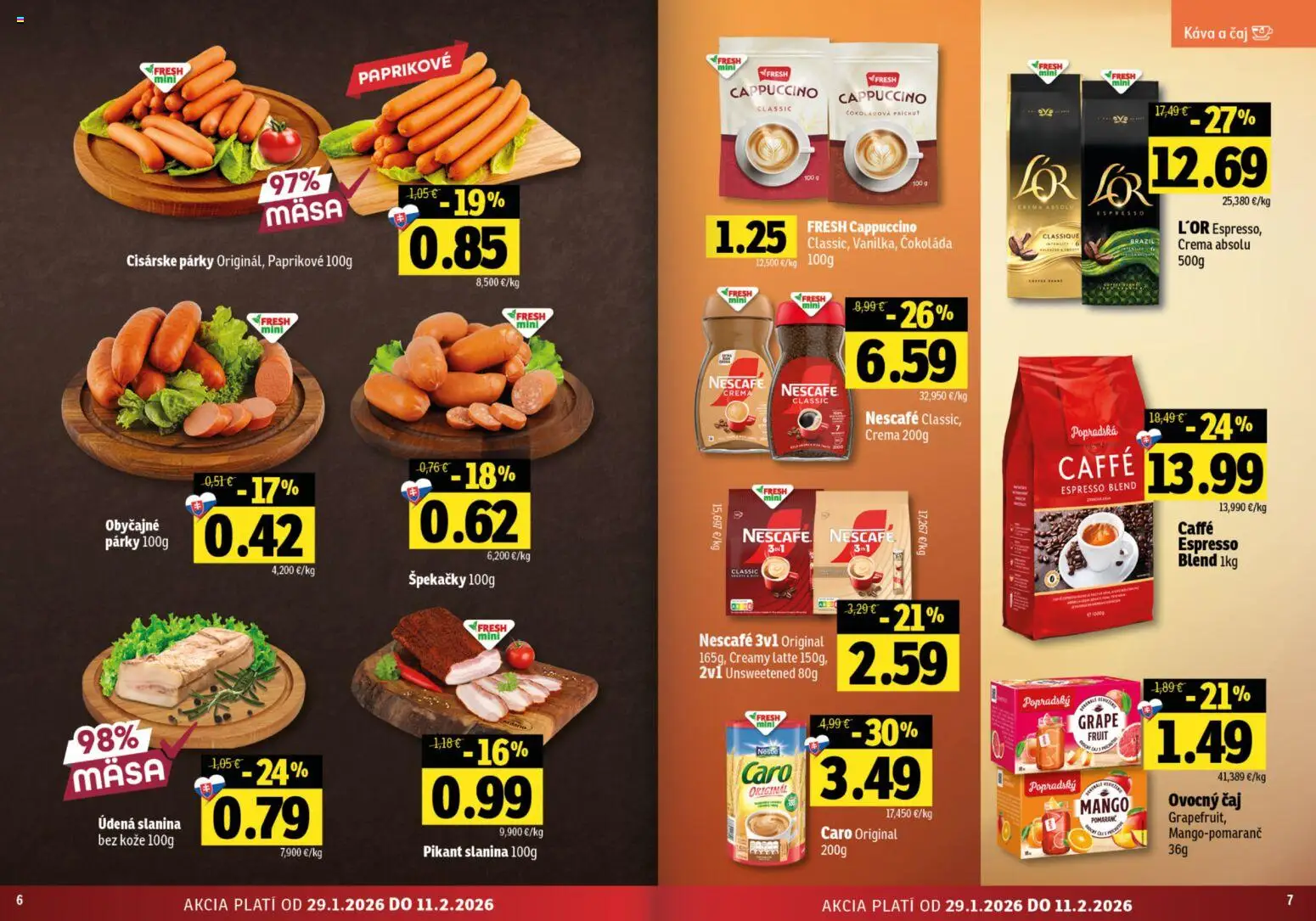 Nové Fresh akcie – leták je platný od 29.01.2026 | Strana: 4 | Produkty: Slanina, Caro, Párky, Nescafé Classic