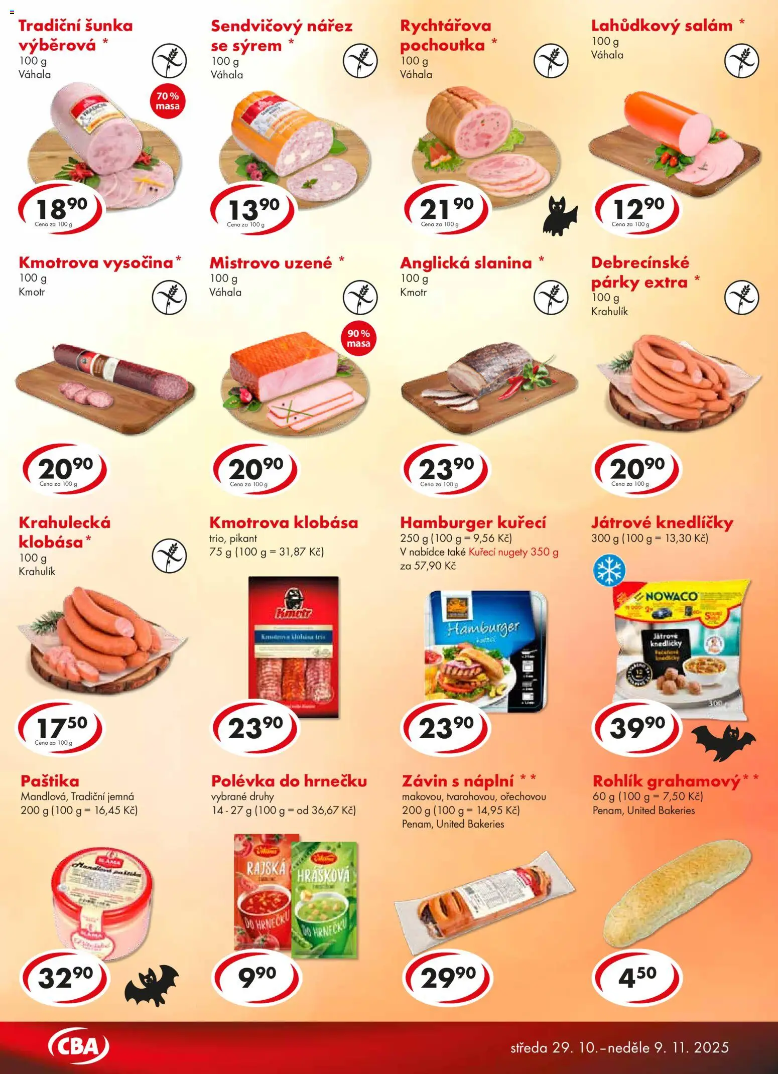 CBA leták od 29.10.2025 | Strana: 3 | Produkty: Hamburger, Šunka, Rohlík, Anglická slanina