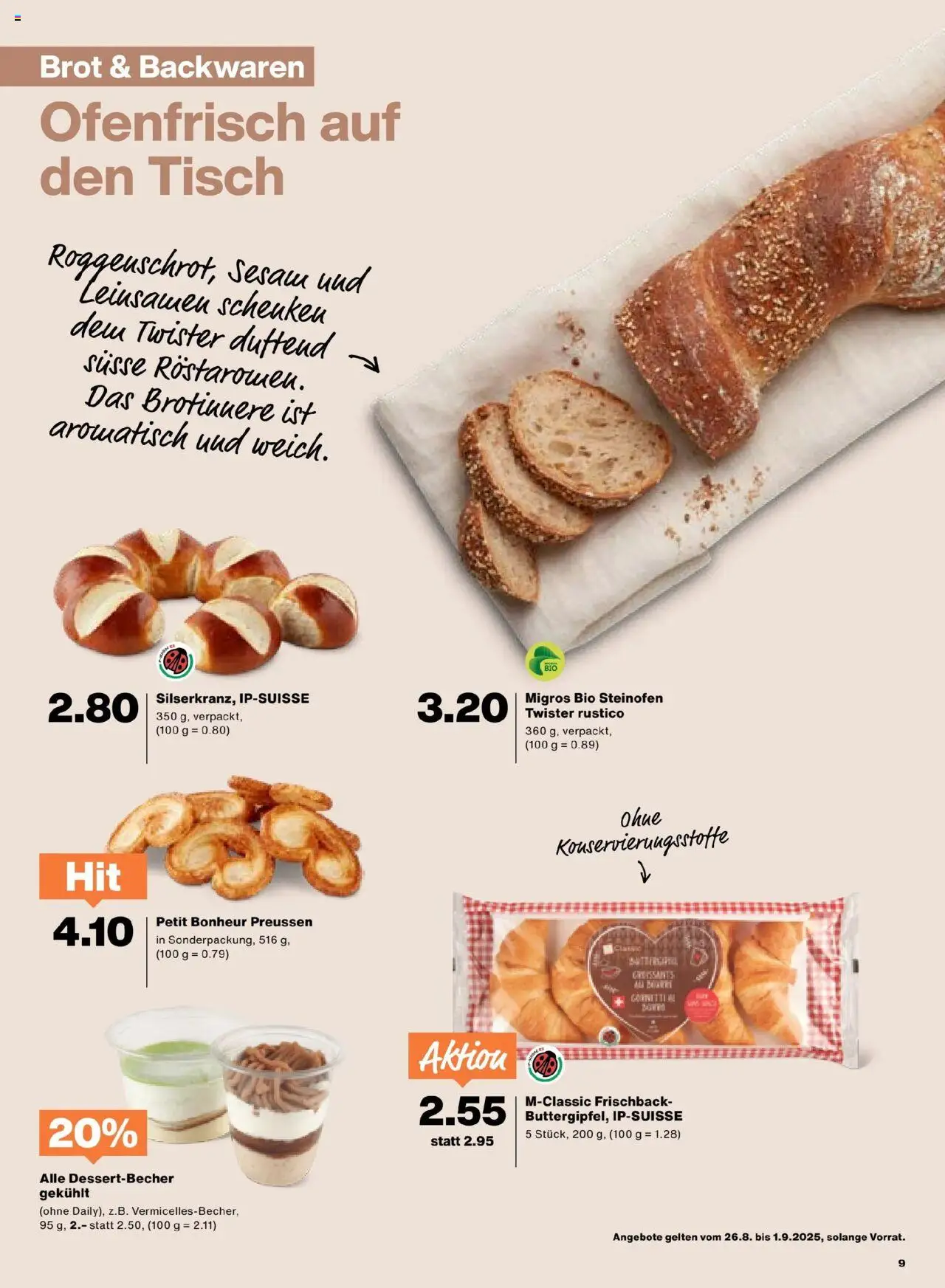 Migros Aktionen ab 26.08.2025 | Seite: 9 | Produkte: Tisch, Brot